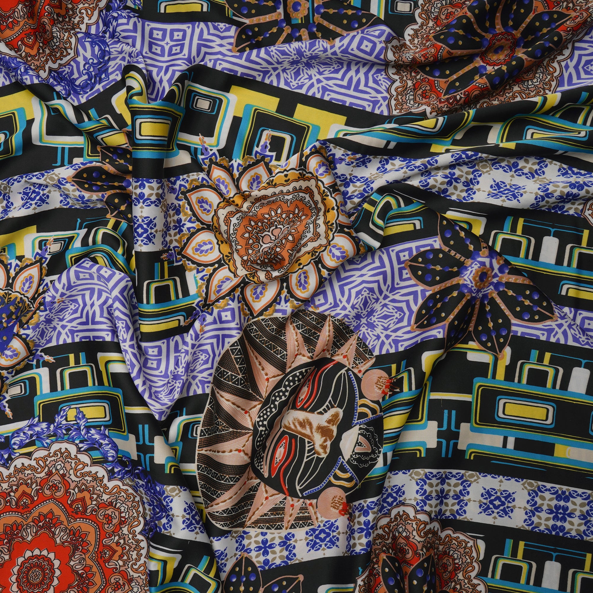 Black Floral Pattern Printed Satin Fabric