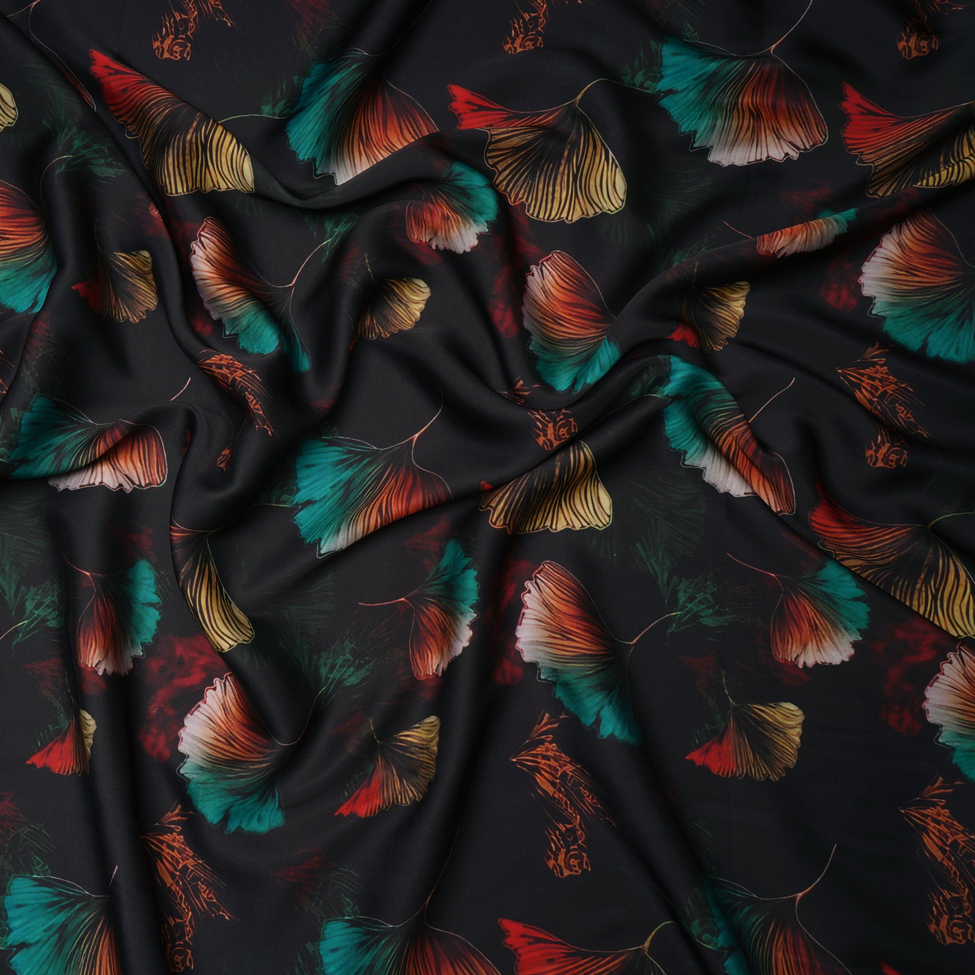 Black Floral Pattern Printed Satin Fabric