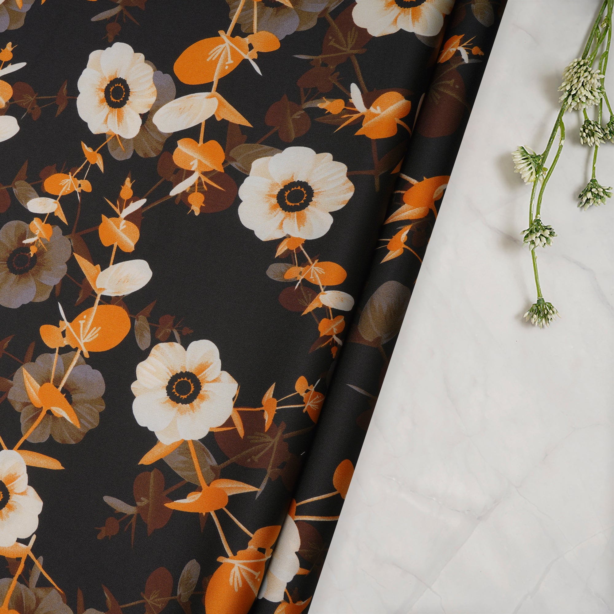 Black Floral Pattern Printed Satin Fabric