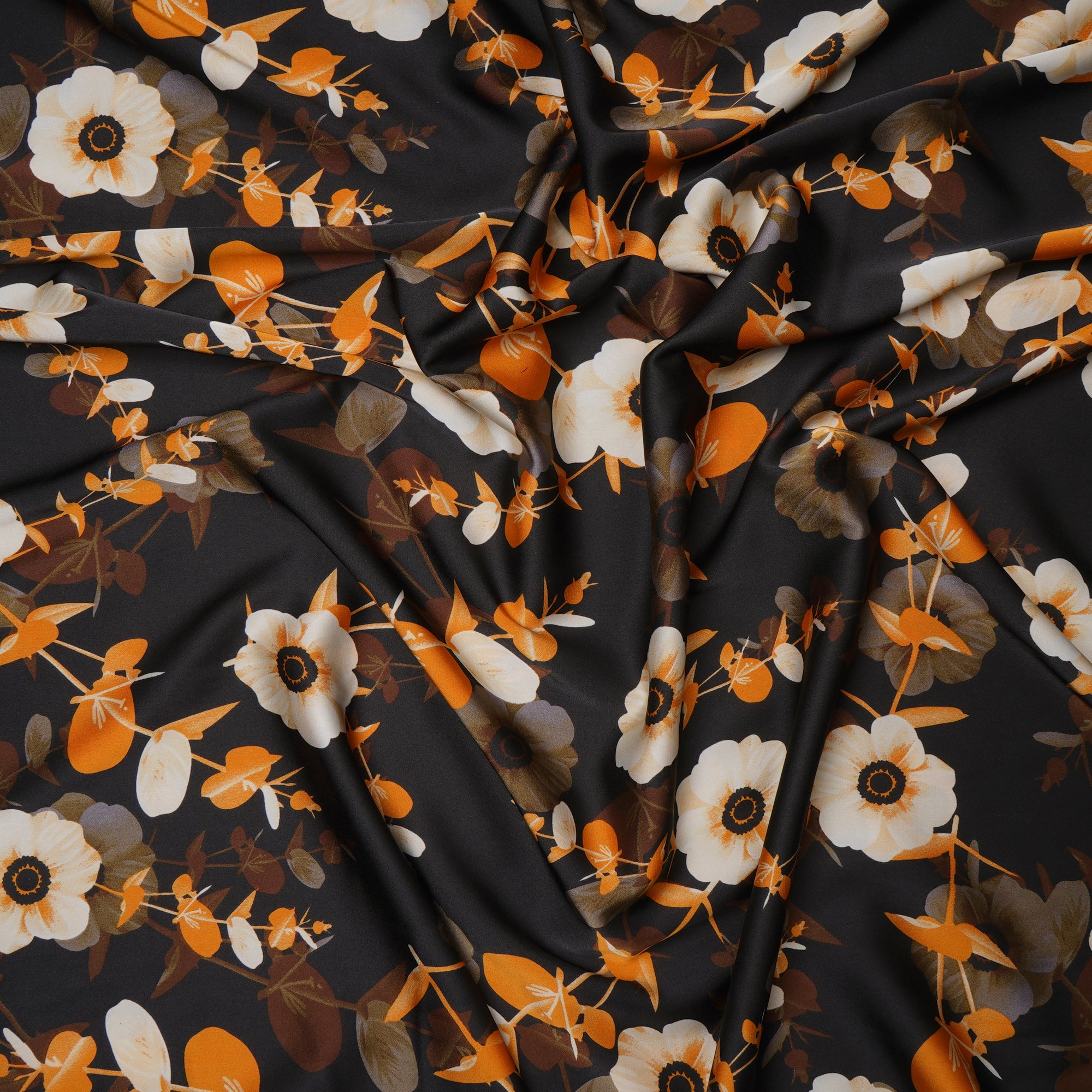 Black Floral Pattern Printed Satin Fabric