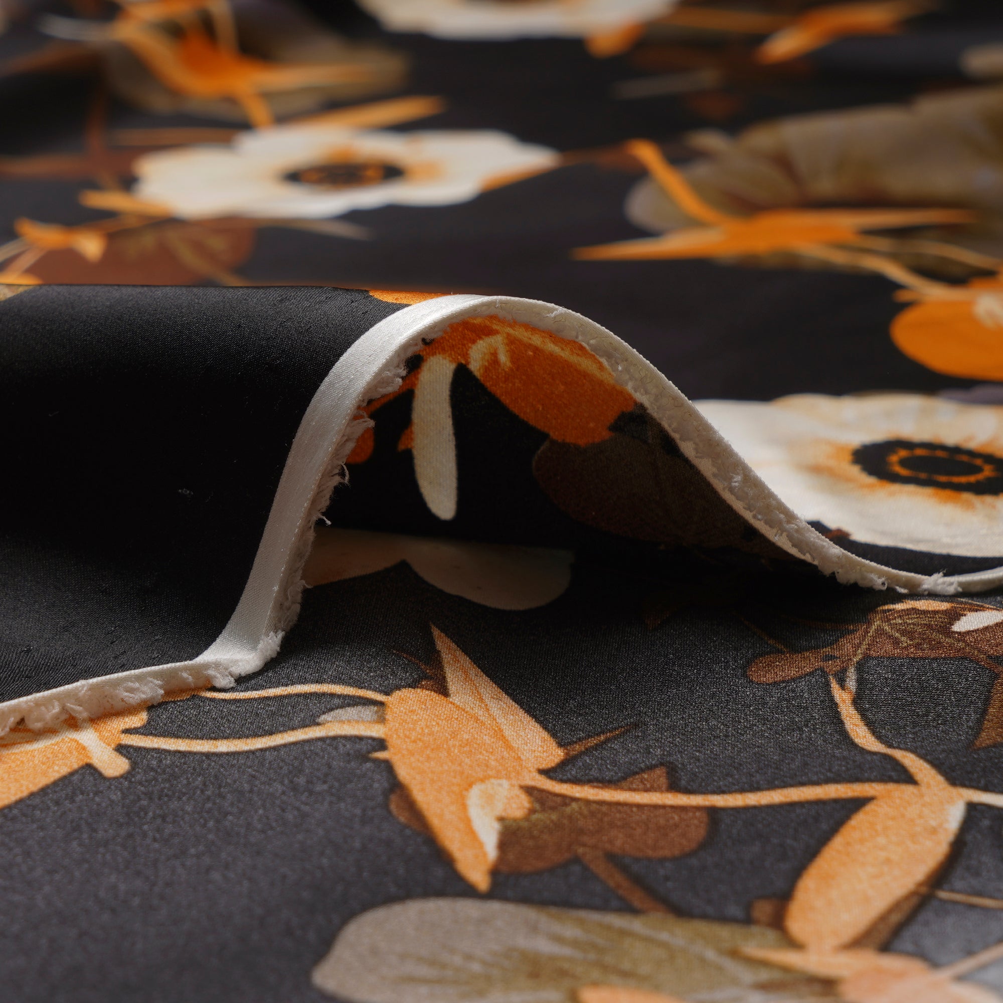 Black Floral Pattern Printed Satin Fabric