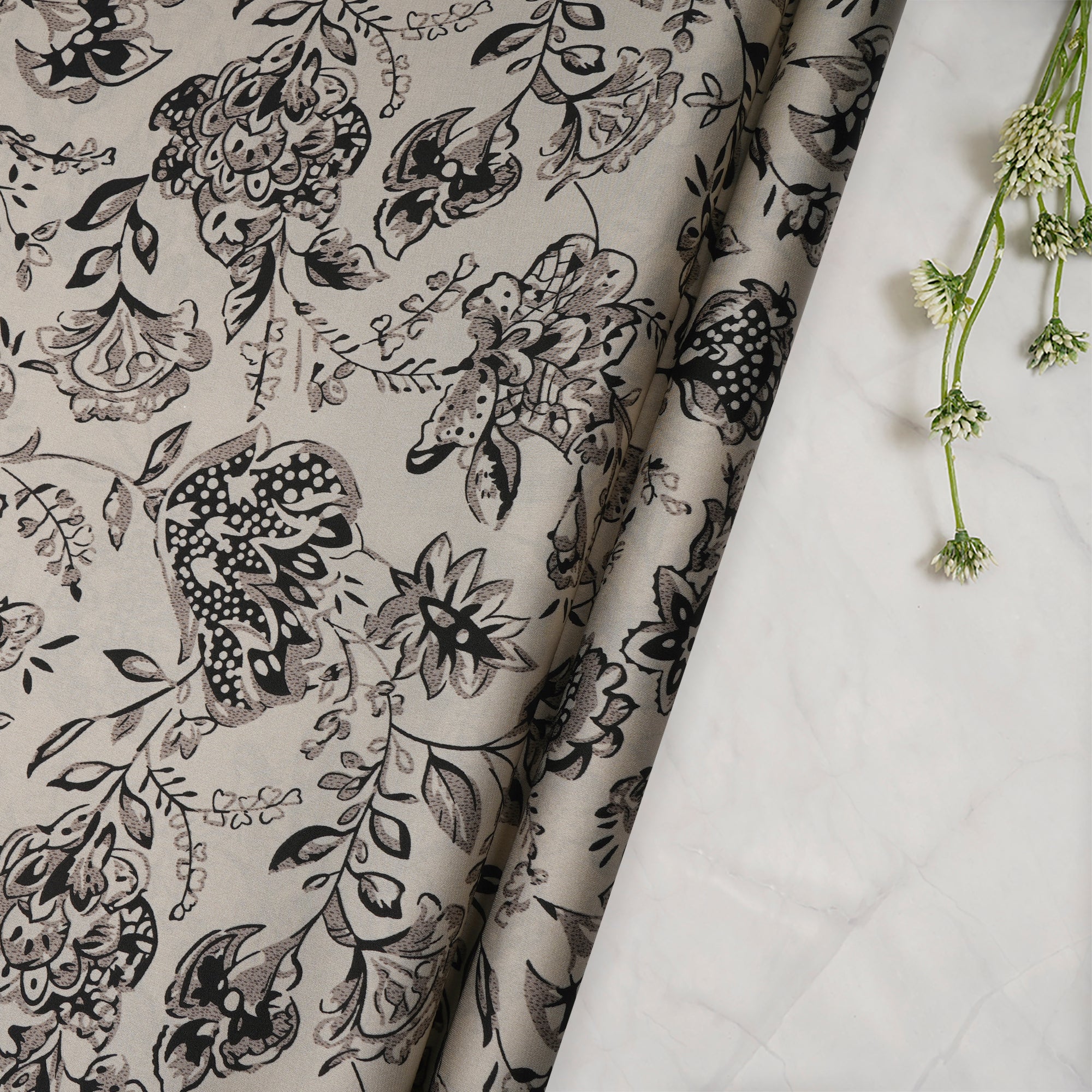 Grey Floral Pattern Printed Satin Fabric