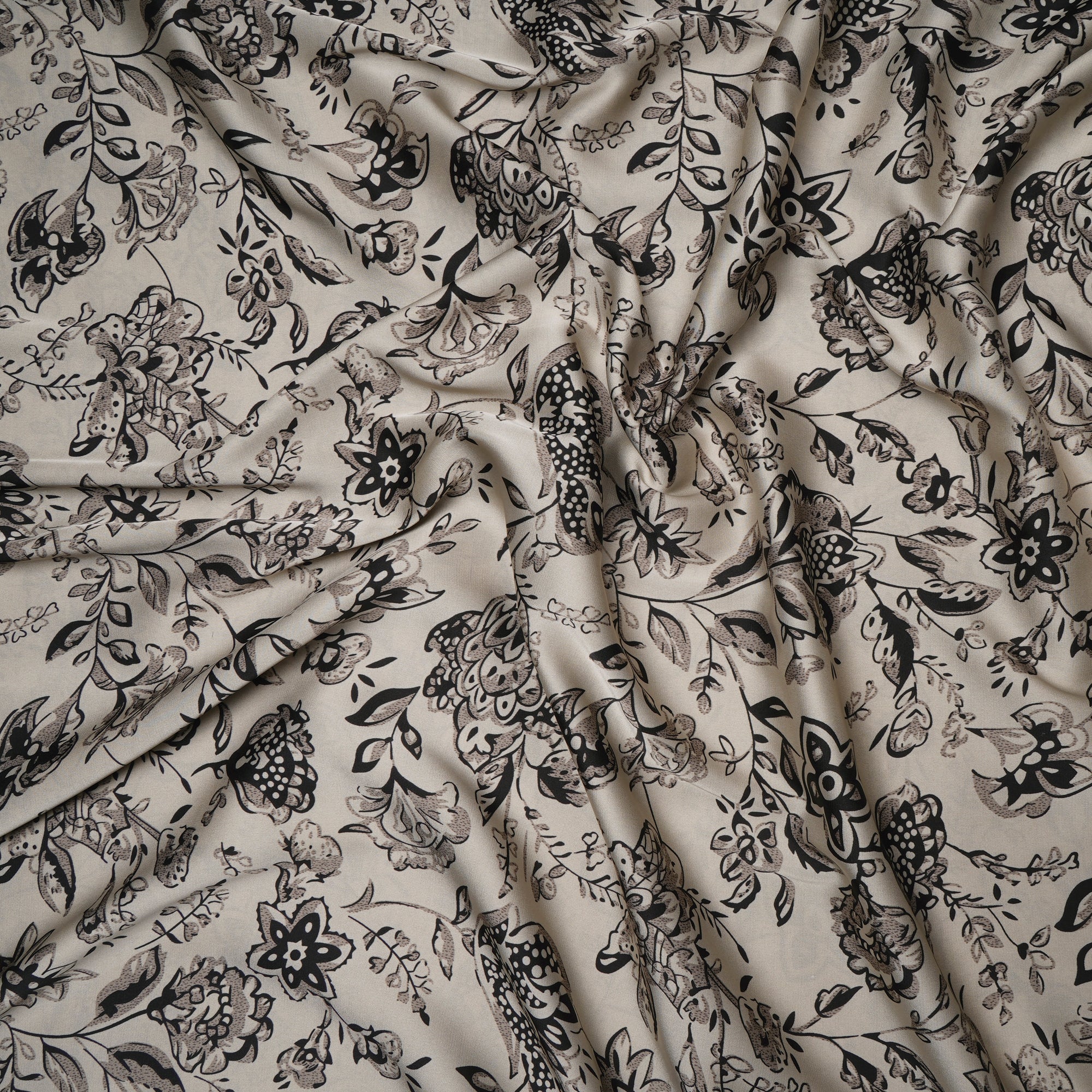 Grey Floral Pattern Printed Satin Fabric