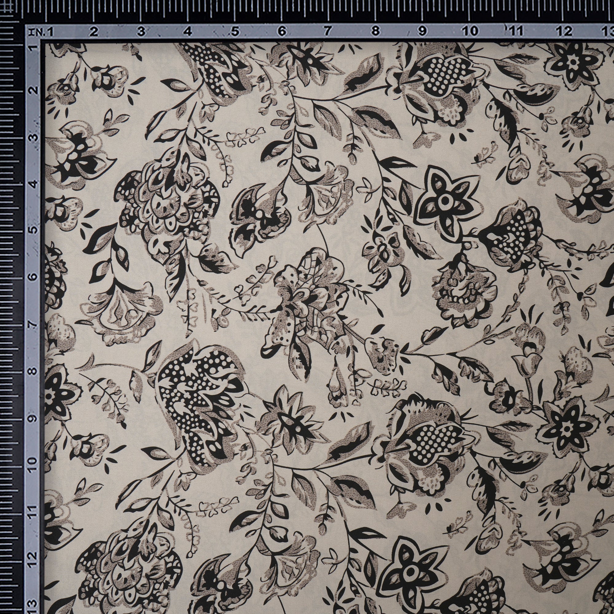 Grey Floral Pattern Printed Satin Fabric