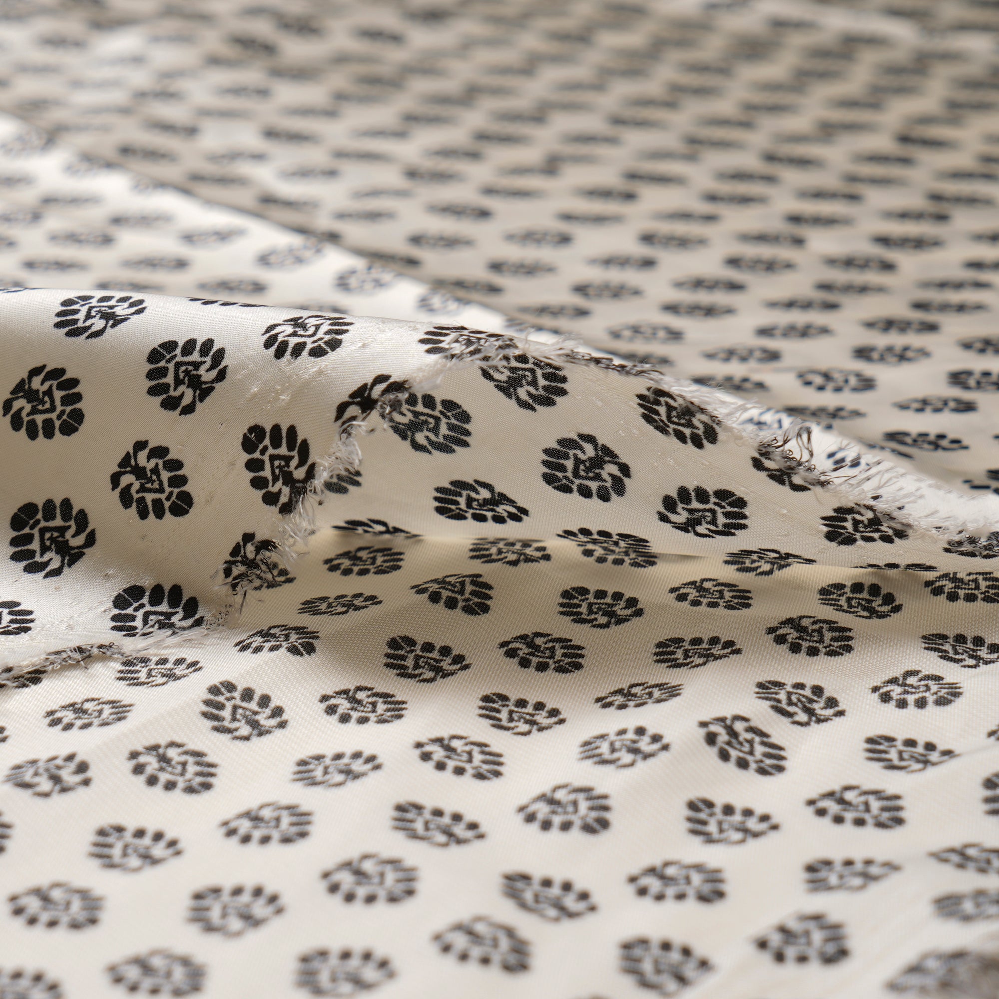 White-Black Motif Pattern Printed Satin Fabric