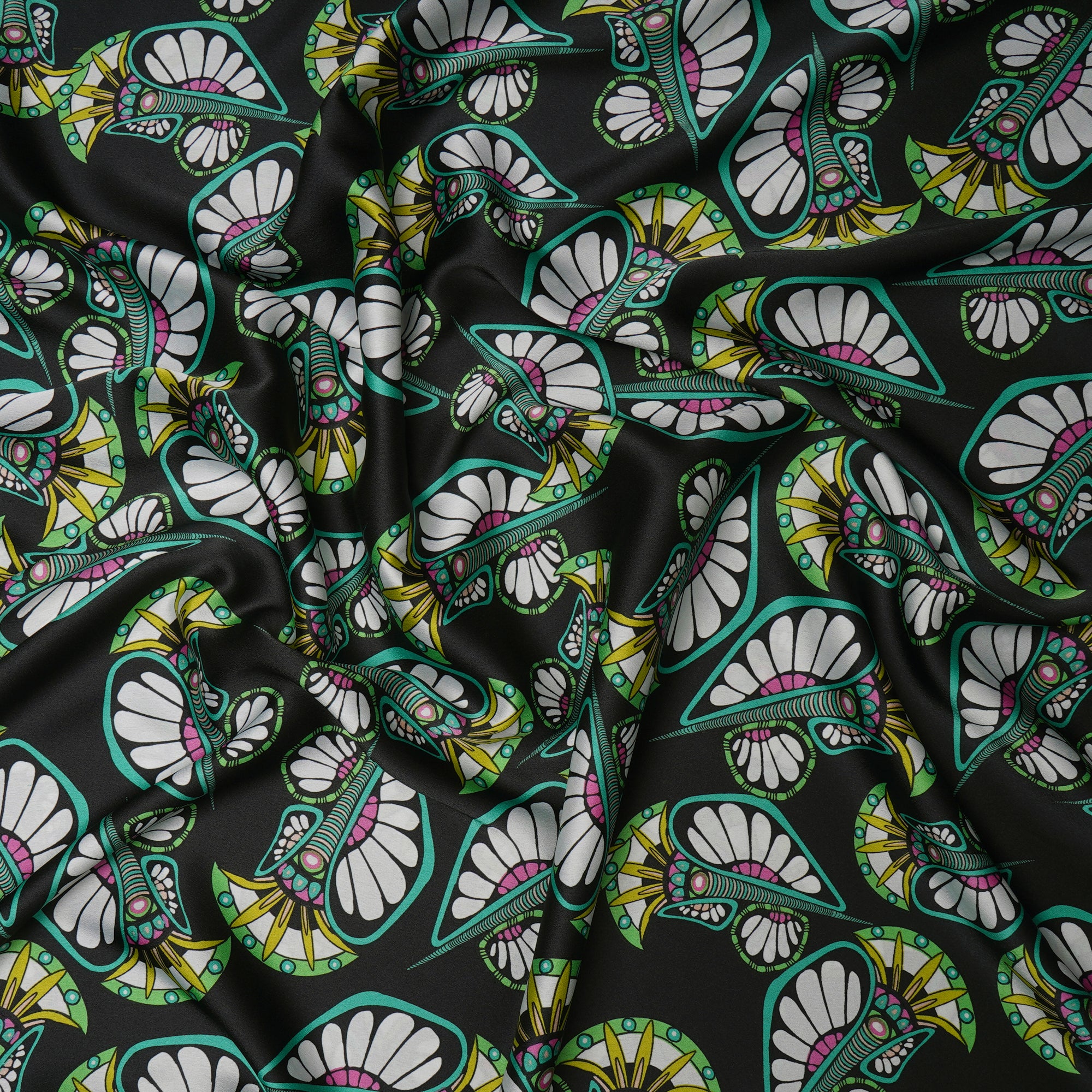 Black All Over Pattern Printed Satin Fabric