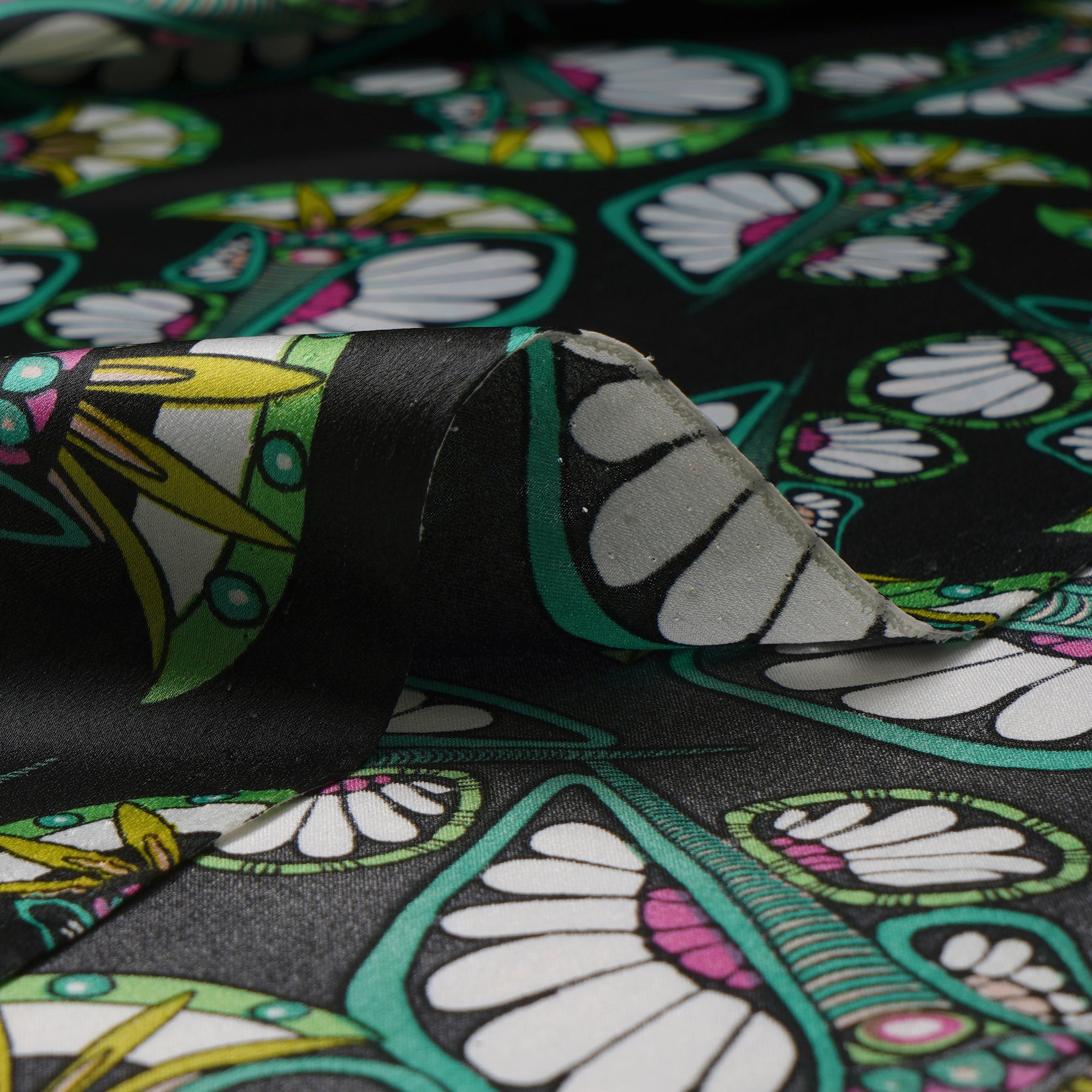 Black All Over Pattern Printed Satin Fabric