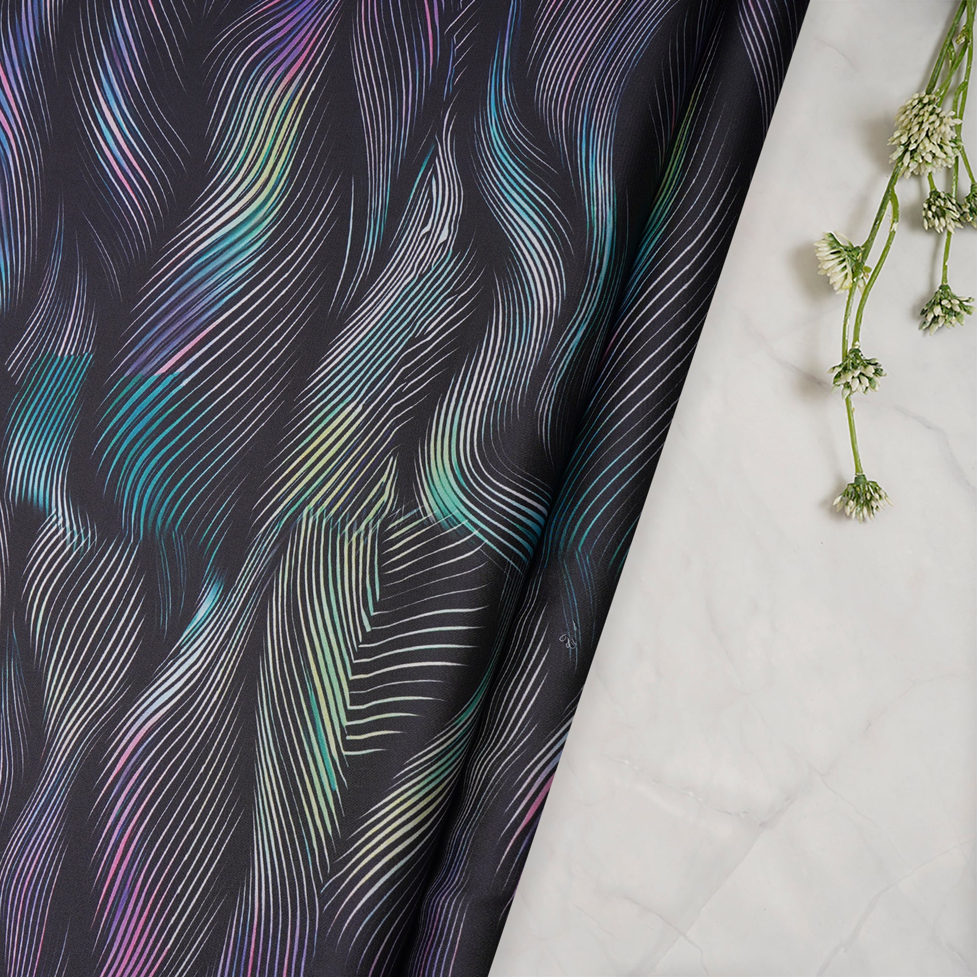 Black All Over Pattern Printed Satin Fabric