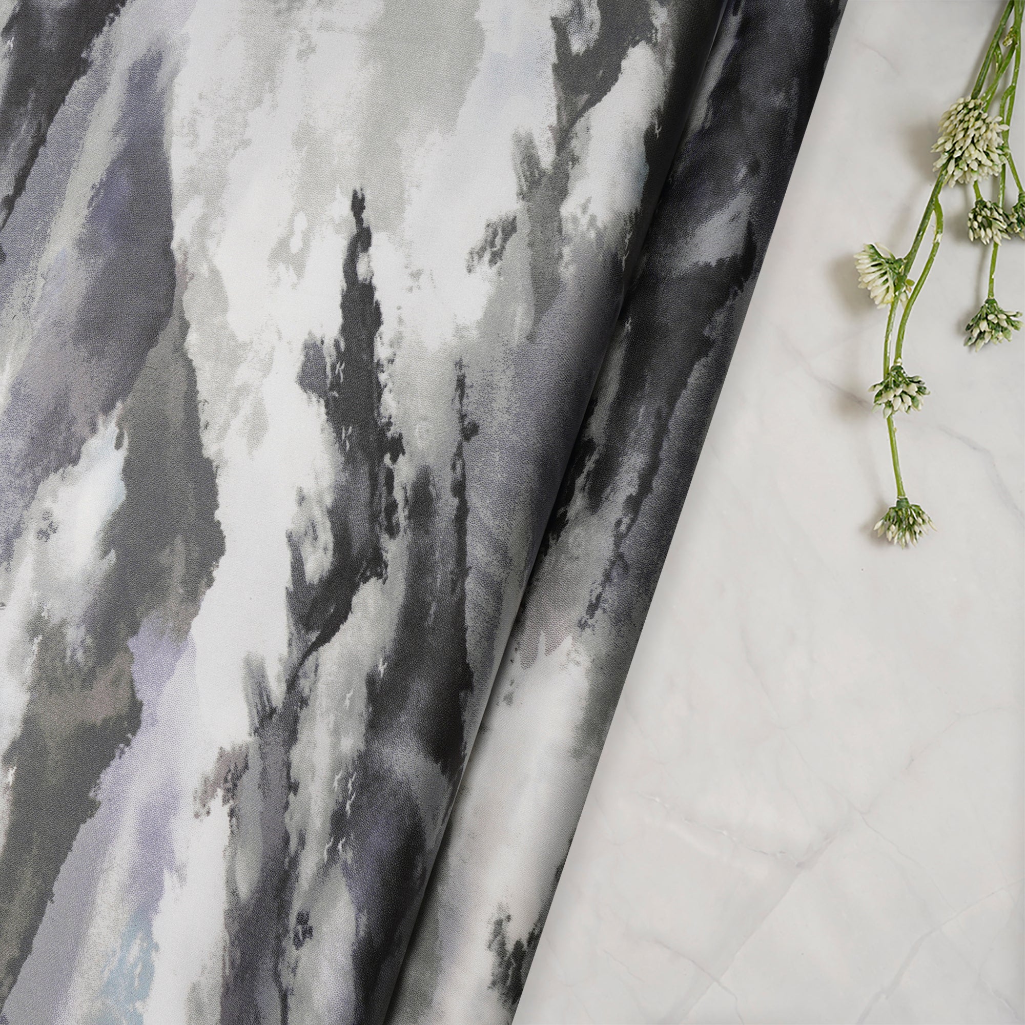 Grey Abstract Pattern Printed Satin Fabric