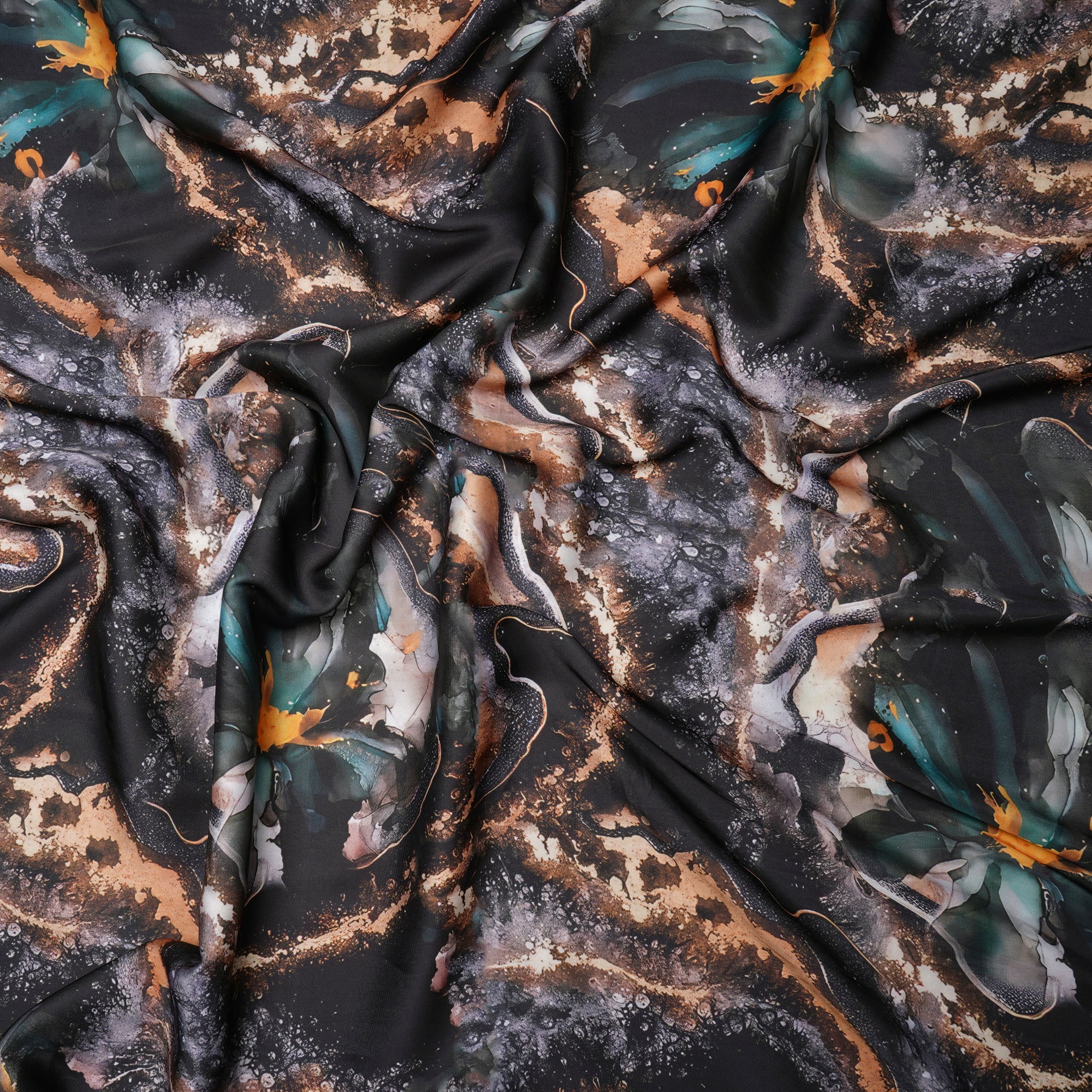 Black Abstract Pattern Printed Satin Fabric