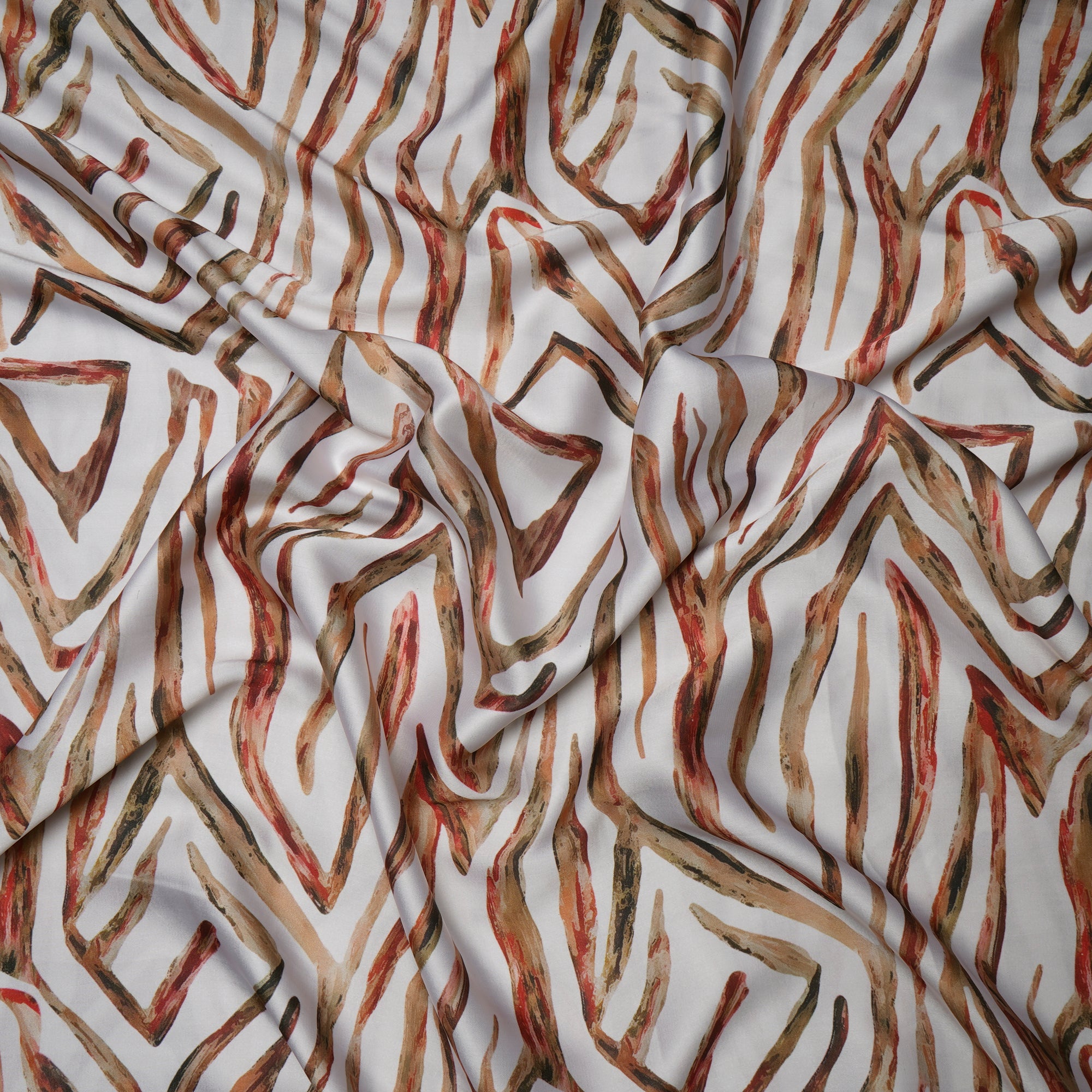 White Abstract Pattern Printed Satin Fabric