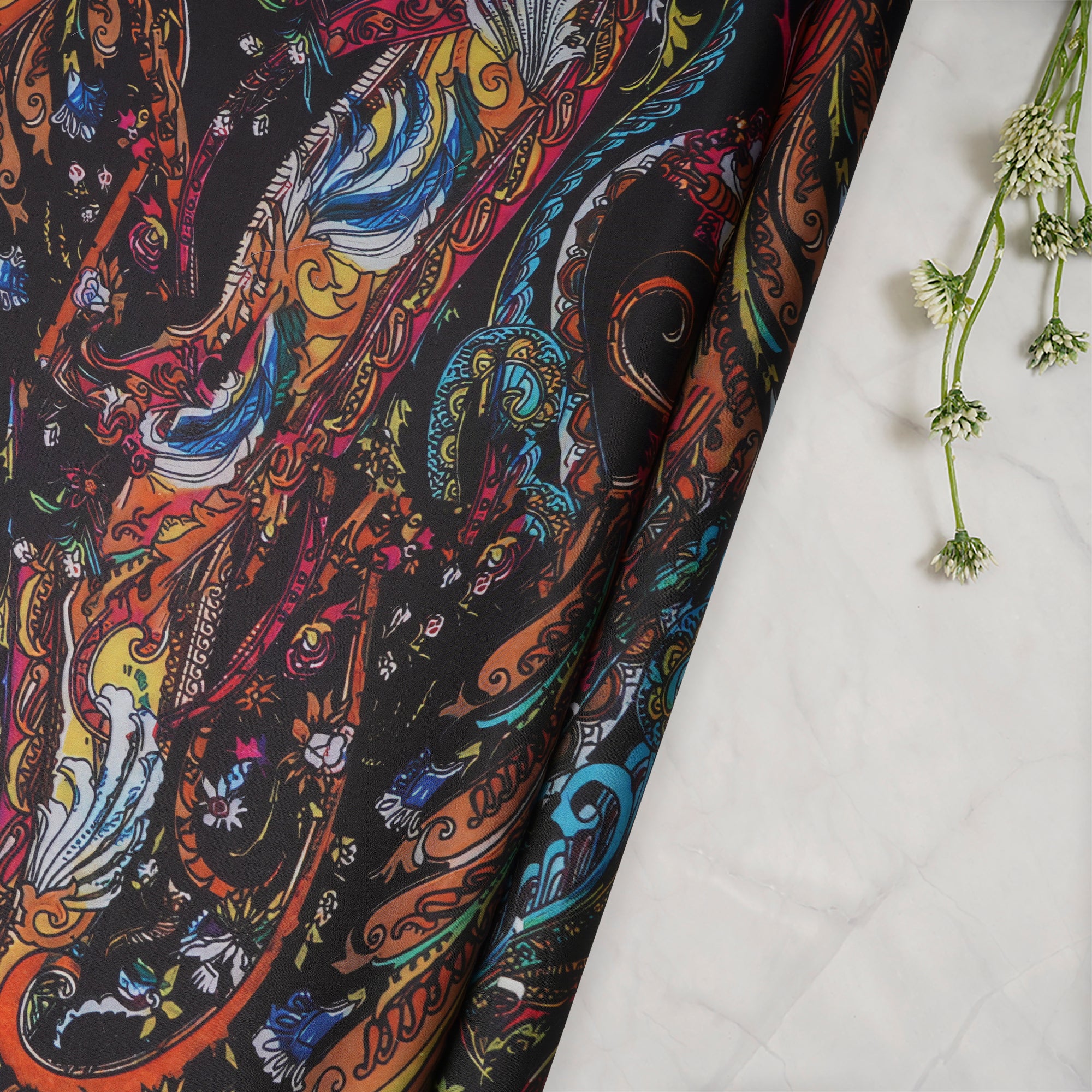 Multi Color All Over Pattern Printed Satin Fabric