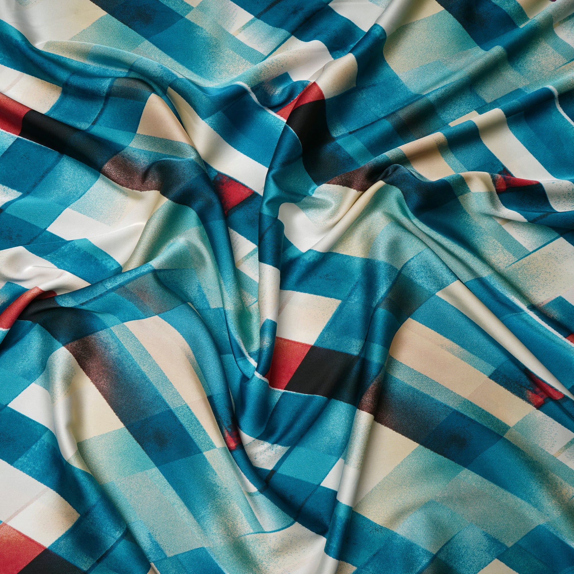 Blue Geometric Pattern Printed Satin Fabric