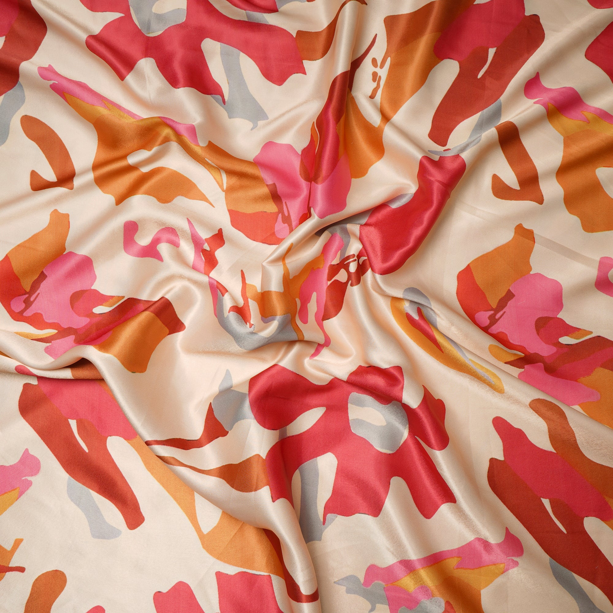 Cream Abstract Pattern Printed Satin Fabric