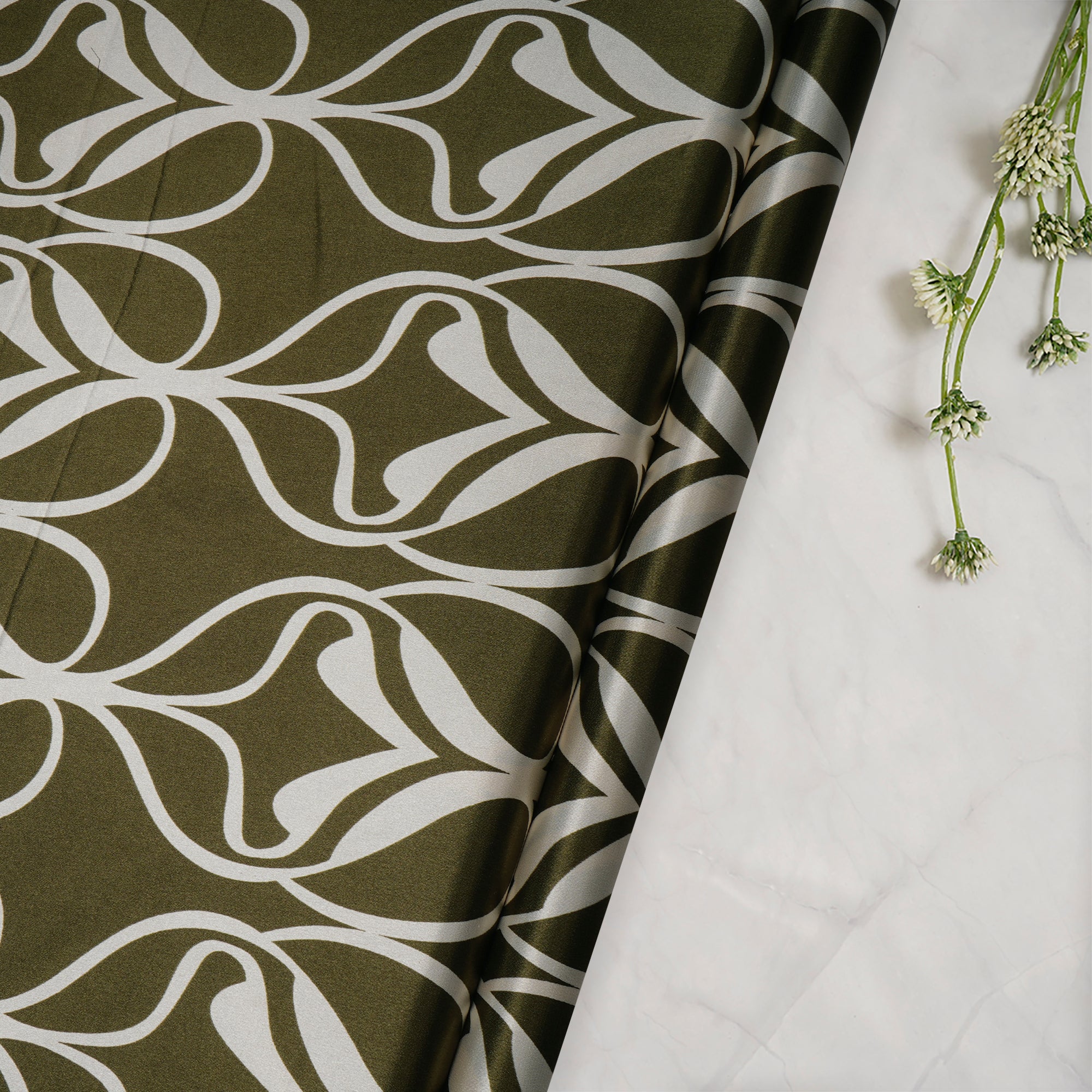 Dark Olive All Over Pattern Printed Satin Fabric