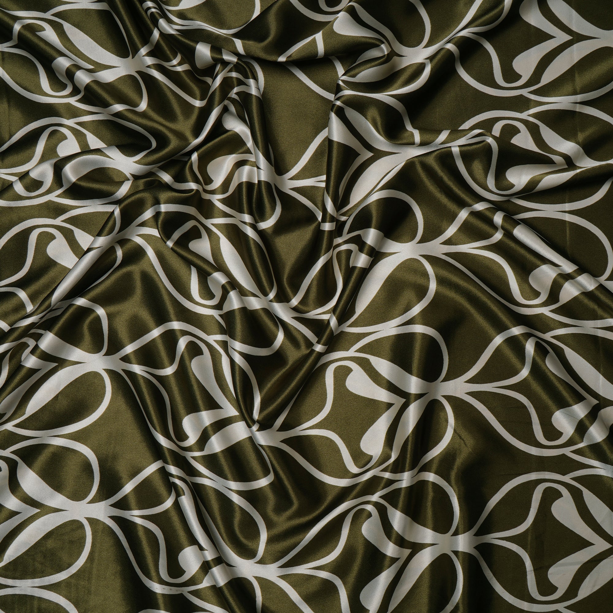 Dark Olive All Over Pattern Printed Satin Fabric