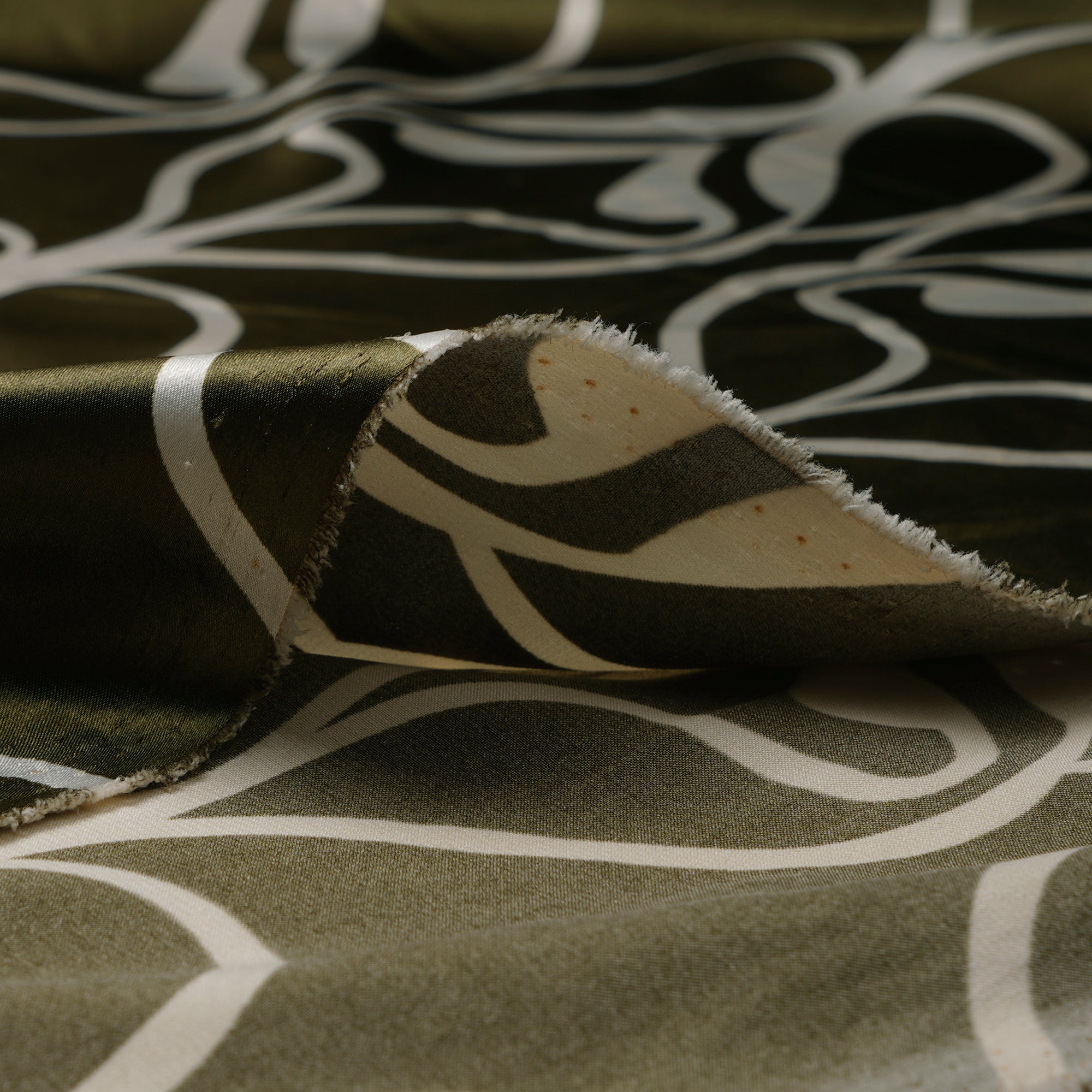 Dark Olive All Over Pattern Printed Satin Fabric