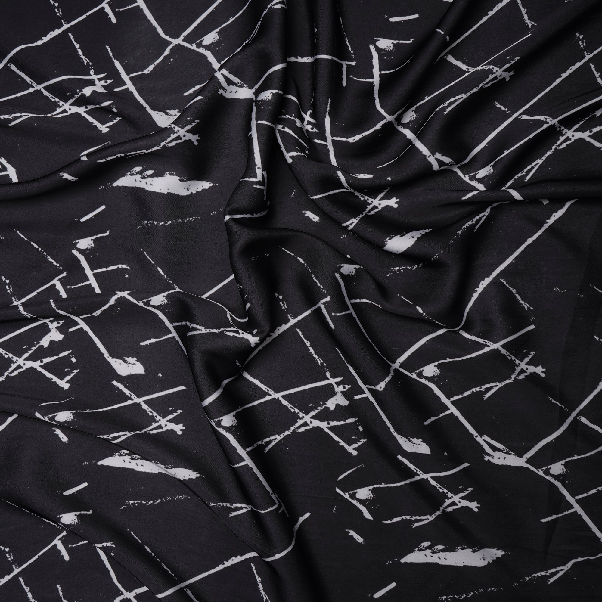 Black Abstract Pattern Printed Satin Fabric