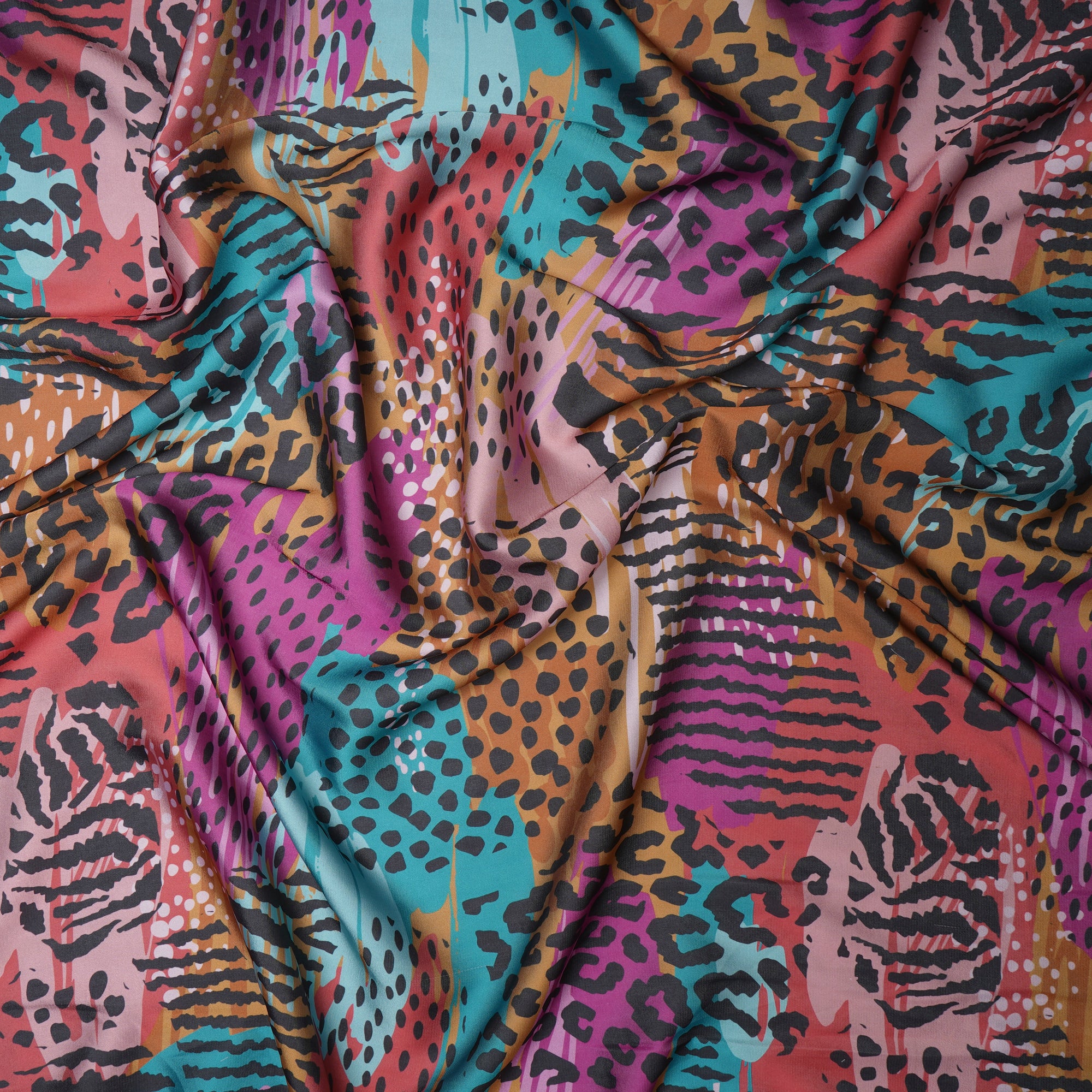 Multi Color Abstract Pattern Printed Satin Fabric