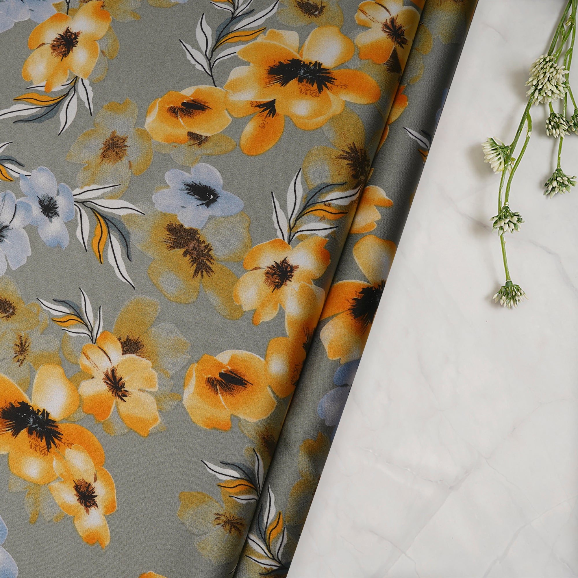 Grey Floral Pattern Printed Satin Fabric