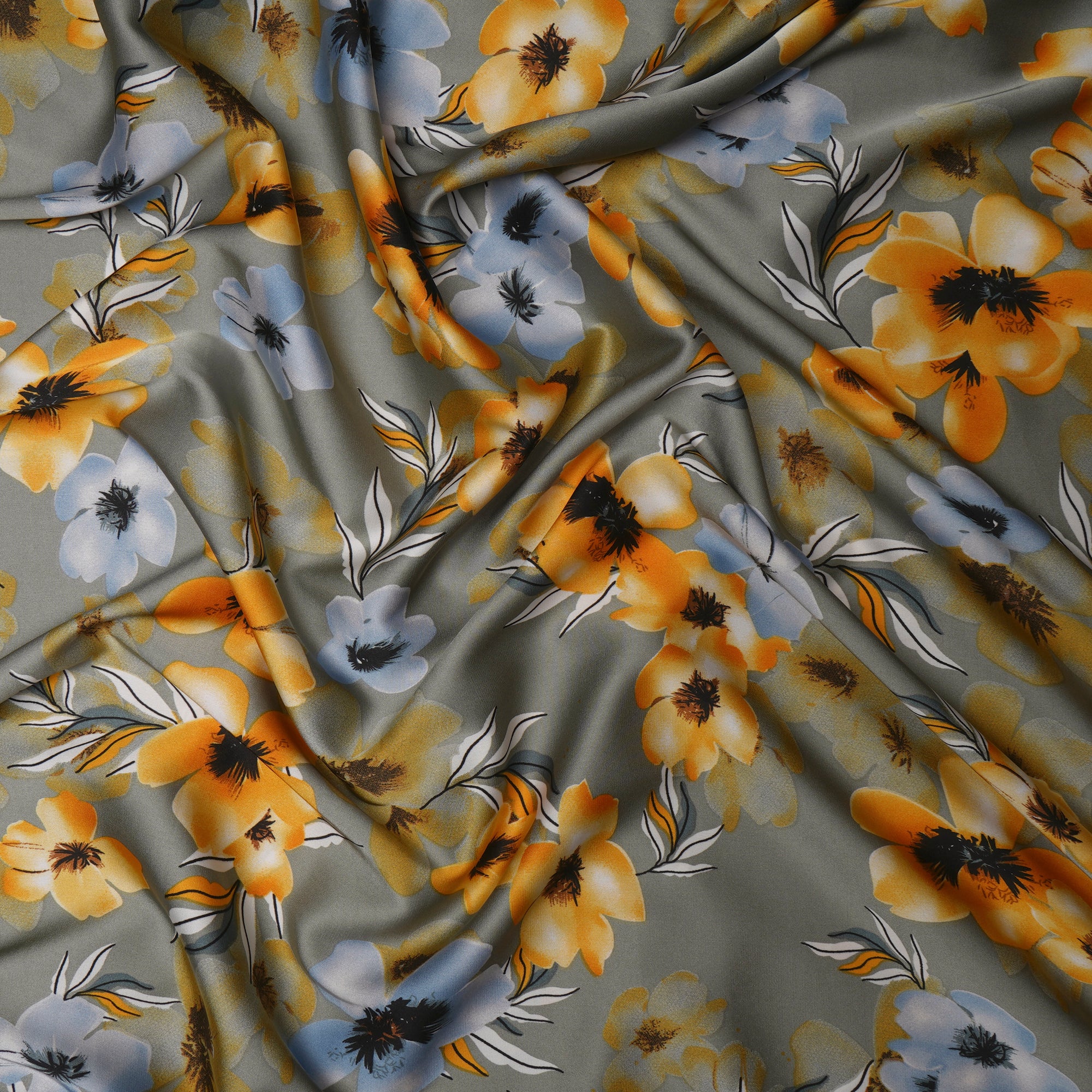 Grey Floral Pattern Printed Satin Fabric