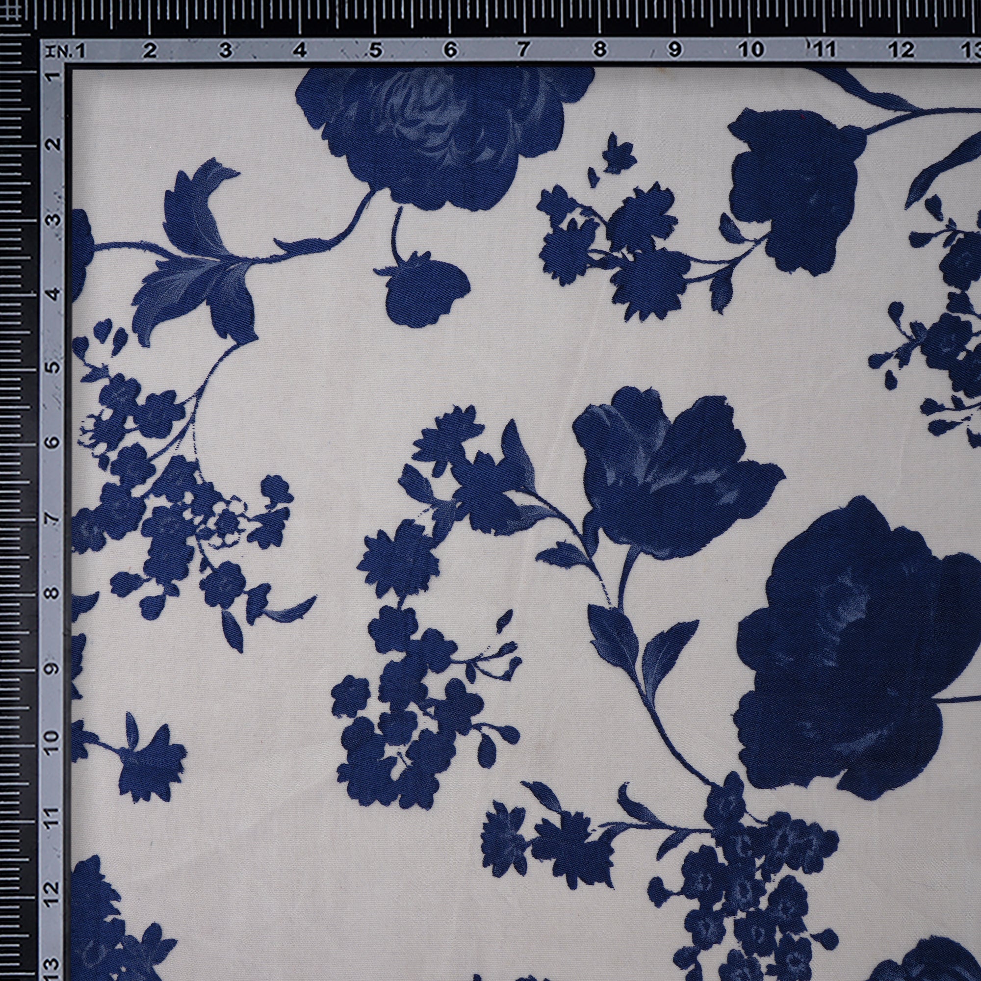 Navy Blue-White Floral Pattern Brasso Organza Fabric