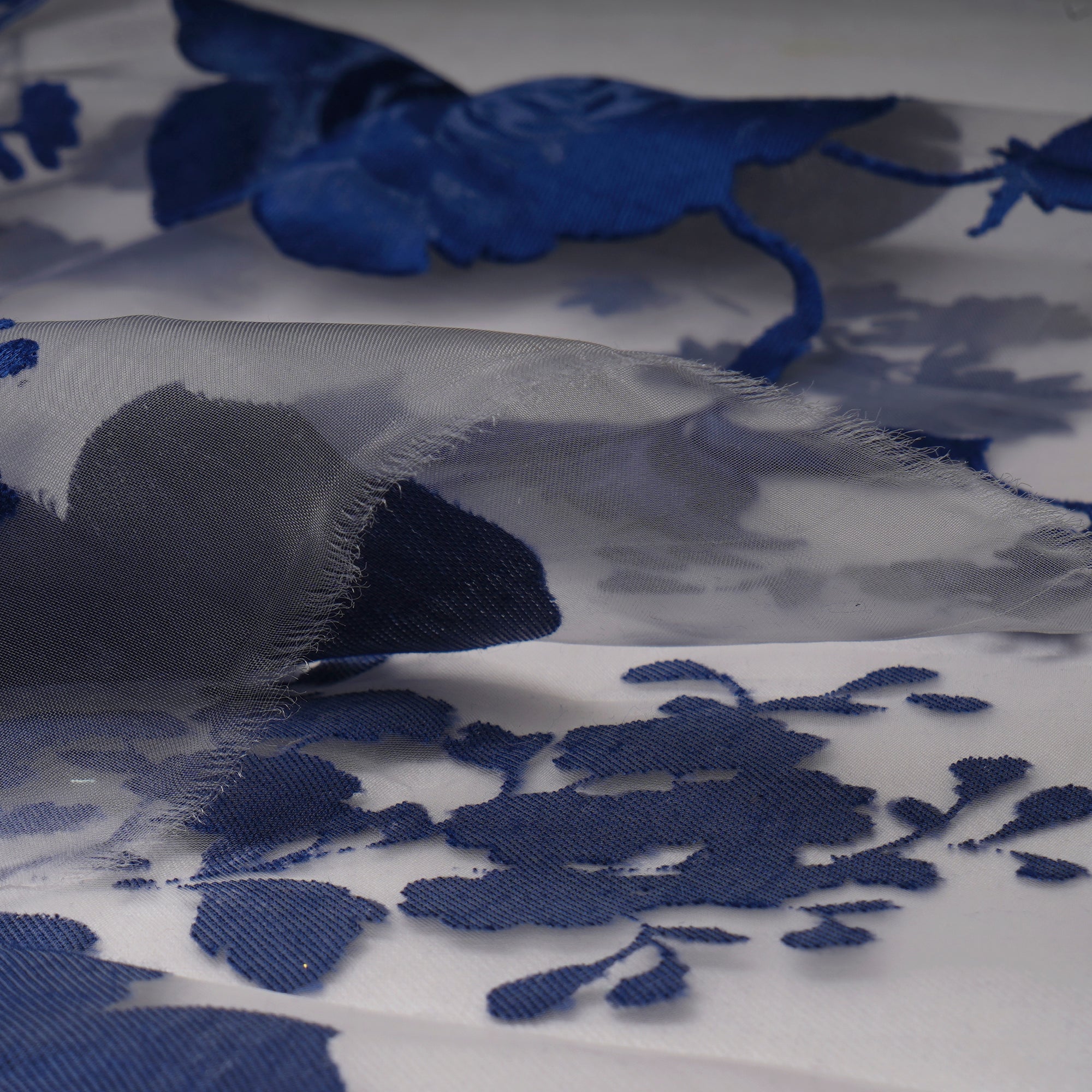 Navy Blue-White Floral Pattern Brasso Organza Fabric