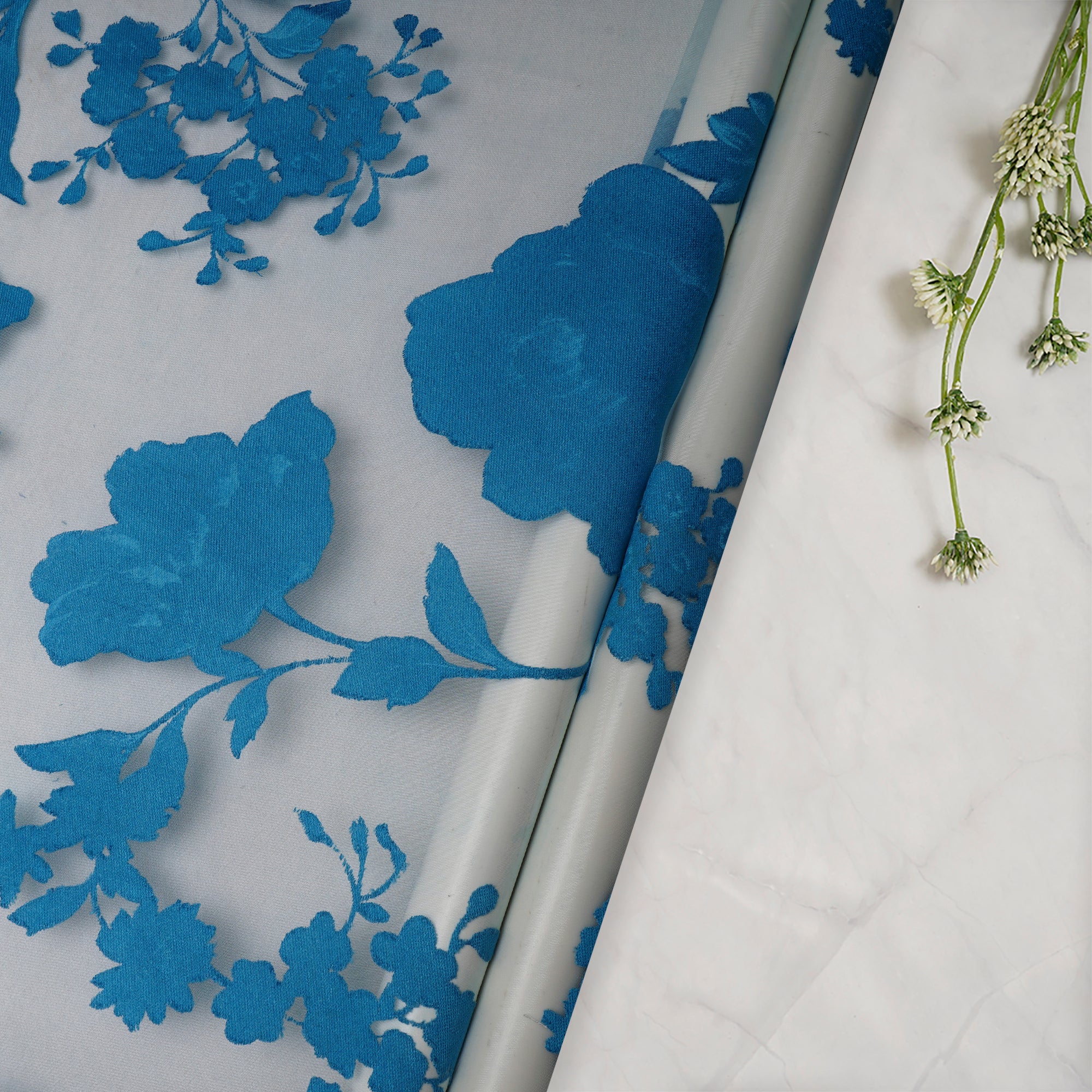 Sky Blue-White Floral Pattern Brasso Organza Fabric