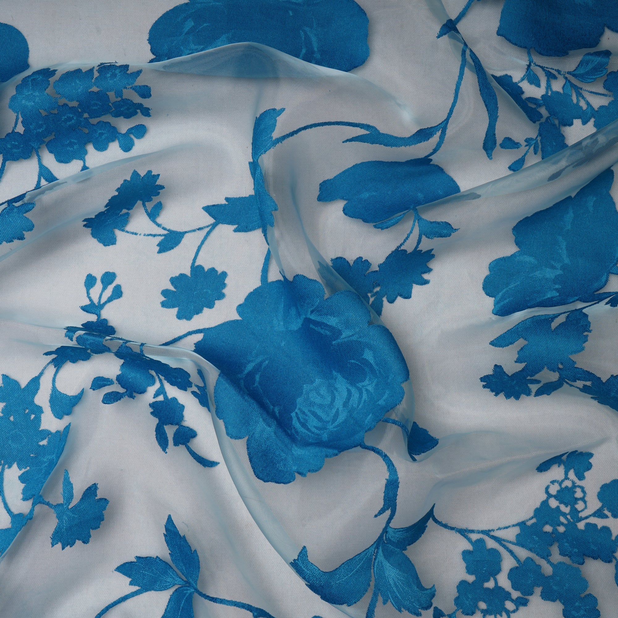 Sky Blue-White Floral Pattern Brasso Organza Fabric