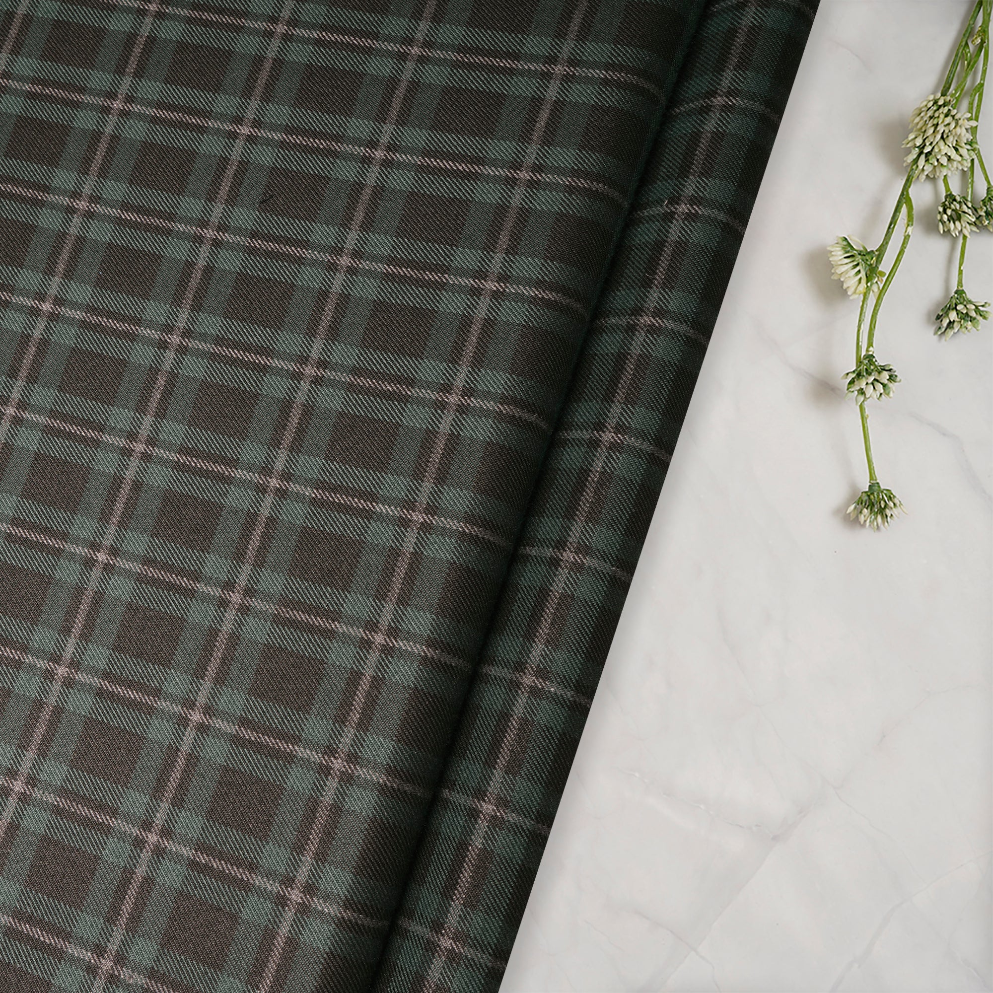 Black-Green Check Pattern Woolen Tweed Fabric