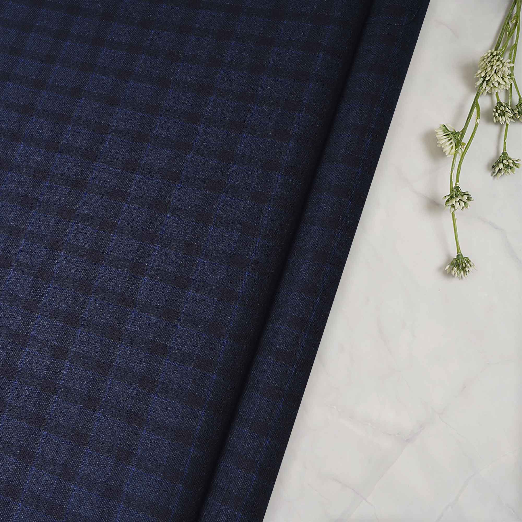 Black-Blue Check Pattern Woolen Tweed Fabric