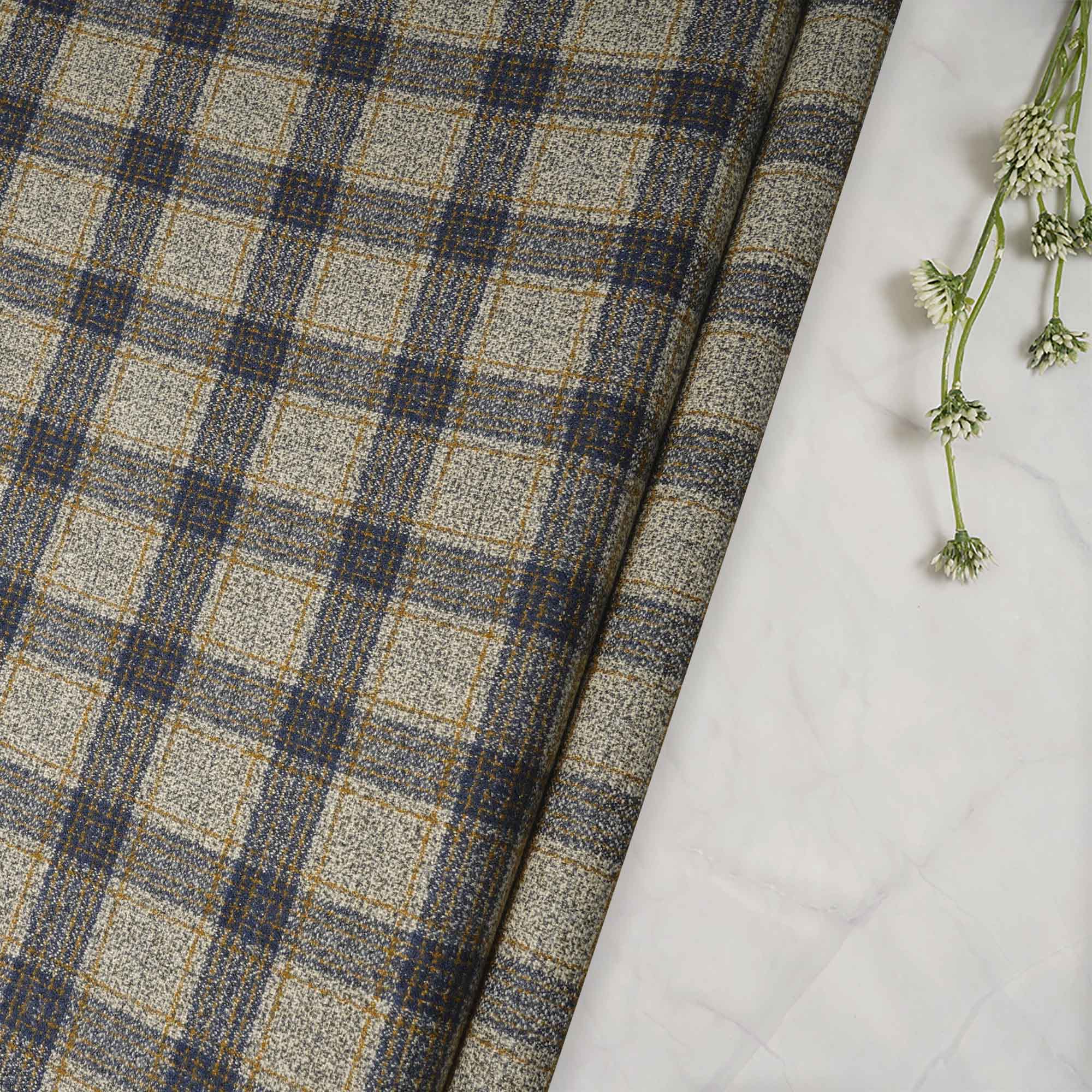 Beige-Blue Check Pattern Woolen Tweed Fabric