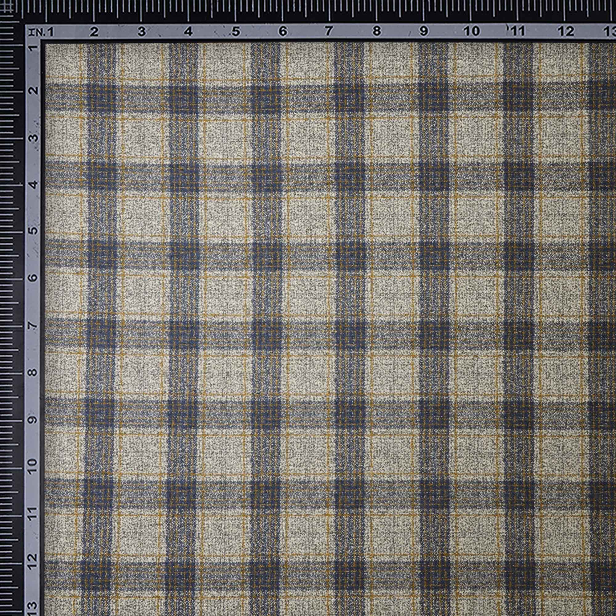 Beige-Blue Check Pattern Woolen Tweed Fabric