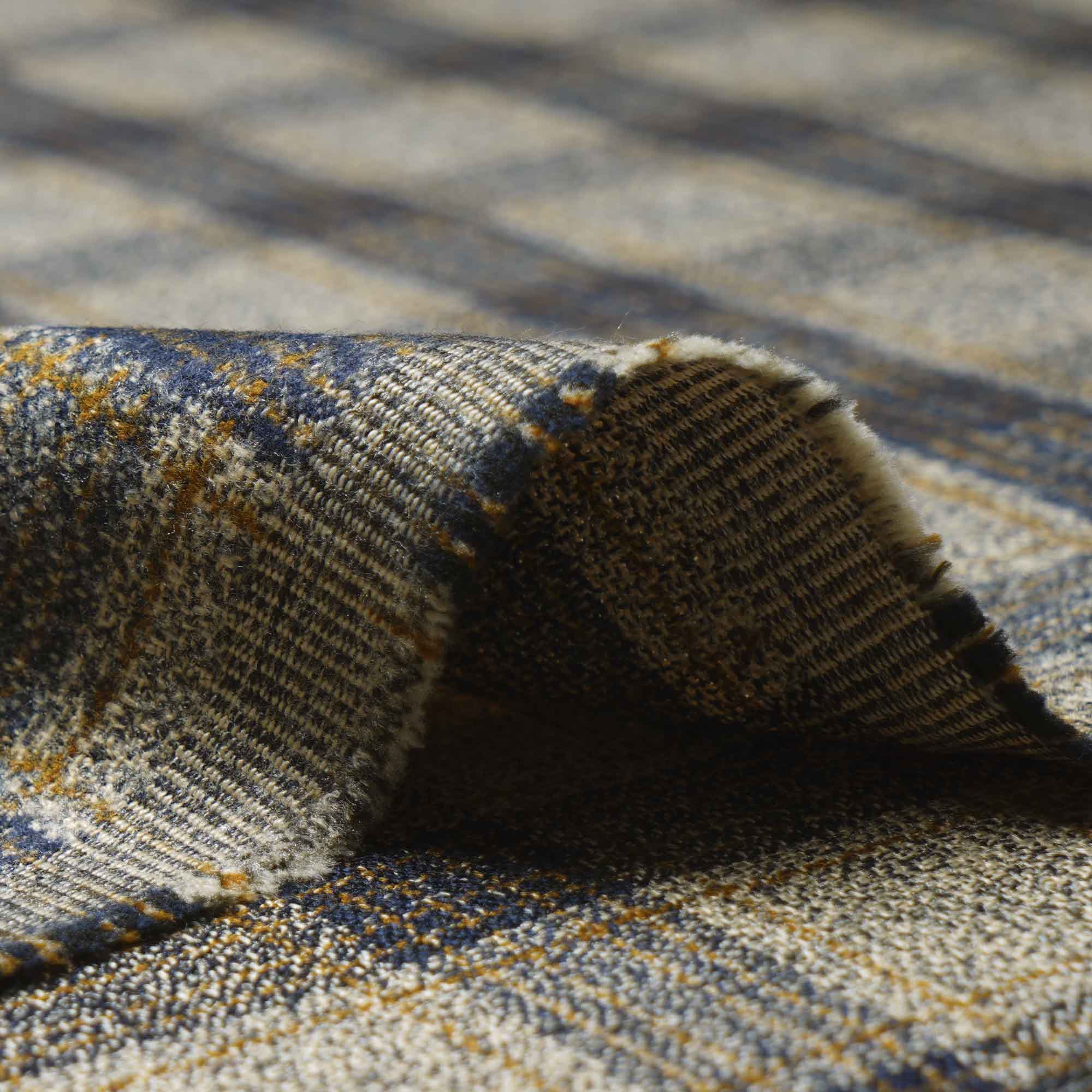 Beige-Blue Check Pattern Woolen Tweed Fabric