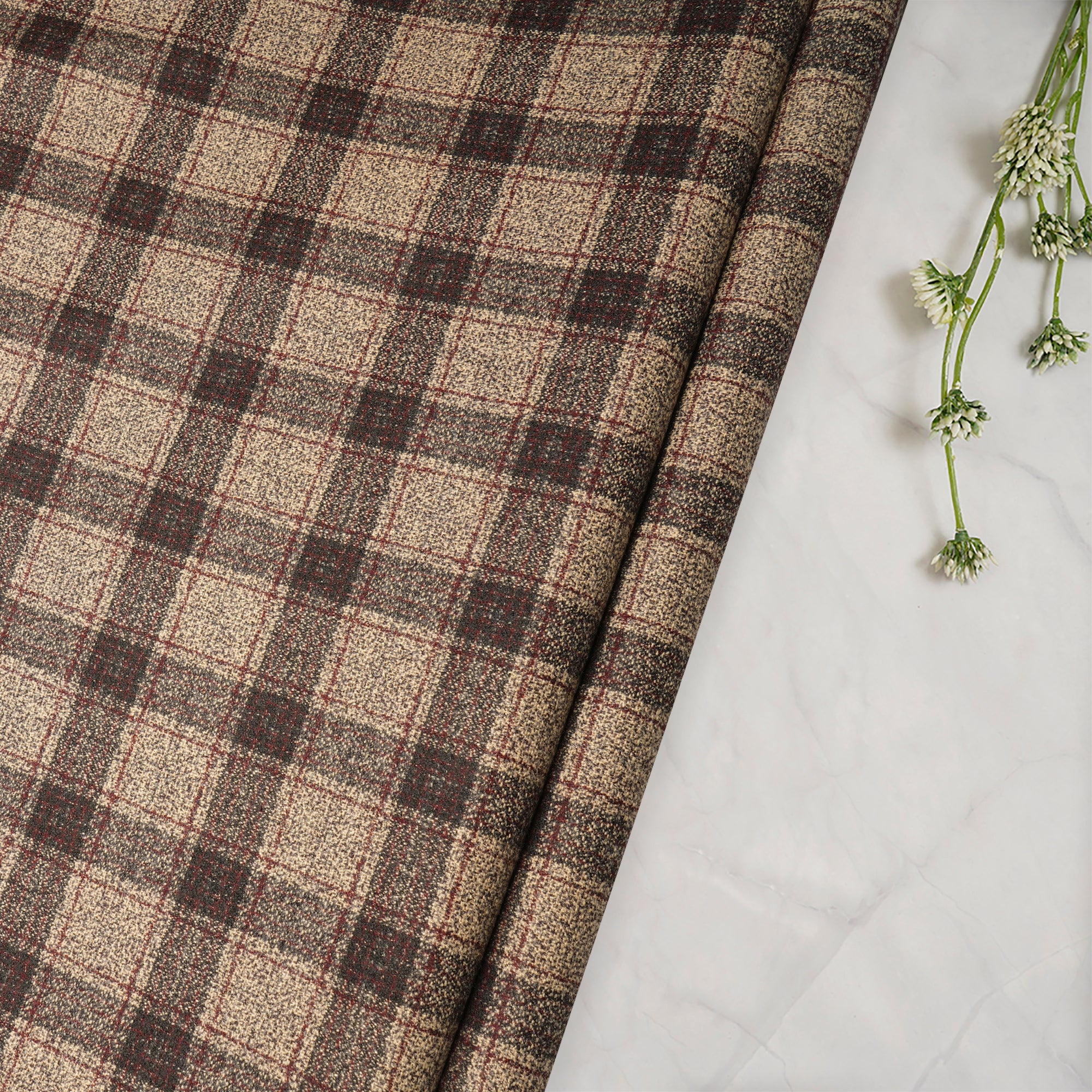 Cream-Brown Check Pattern Woolen Tweed Fabric