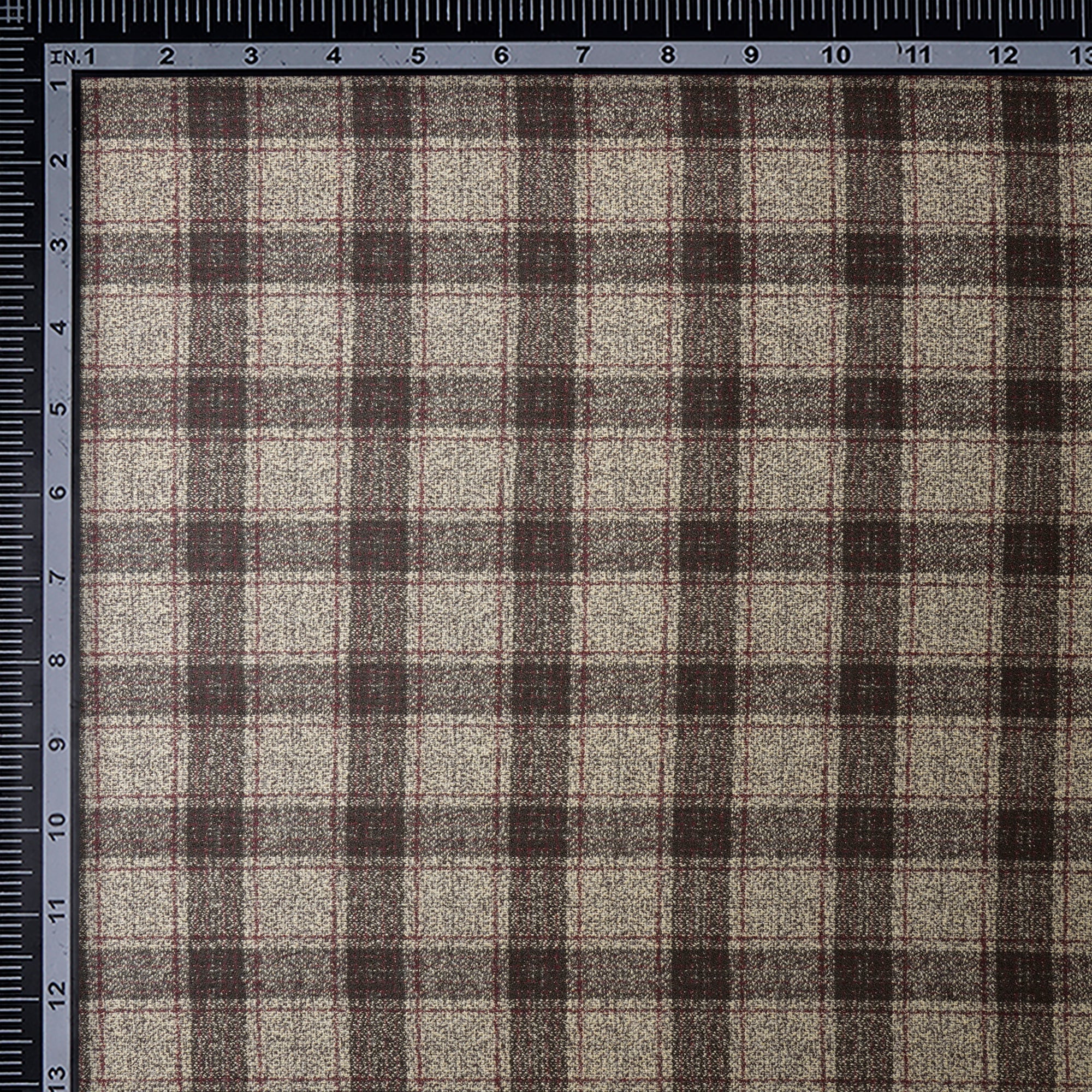 Cream-Brown Check Pattern Woolen Tweed Fabric