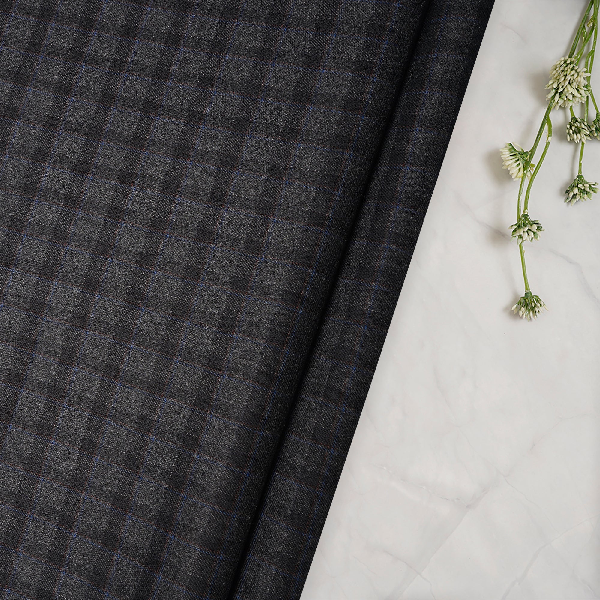 Grey Check Pattern Woolen Tweed Fabric