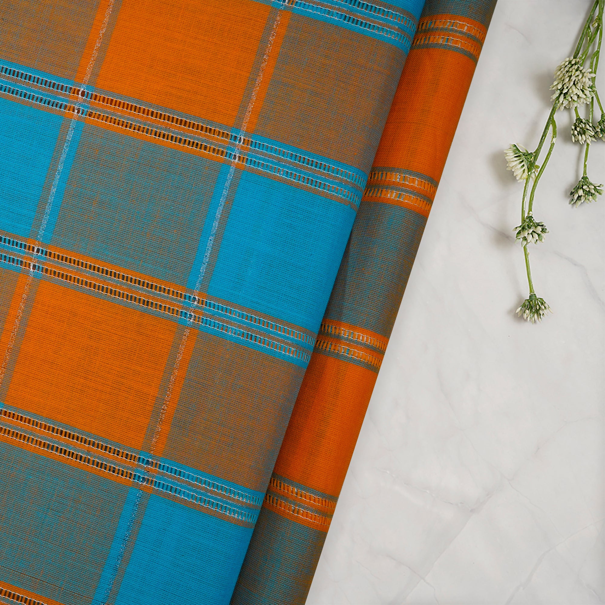 Blue-Orange Handwoven Fancy South Cotton Fabric