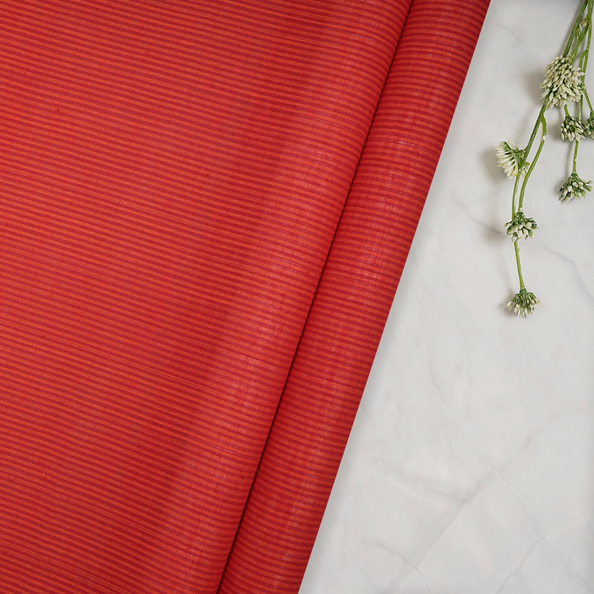 (Pre-Cut 0.50 Mtr)Red Stripe Pattern Woven Fancy Mangalgiri Cotton