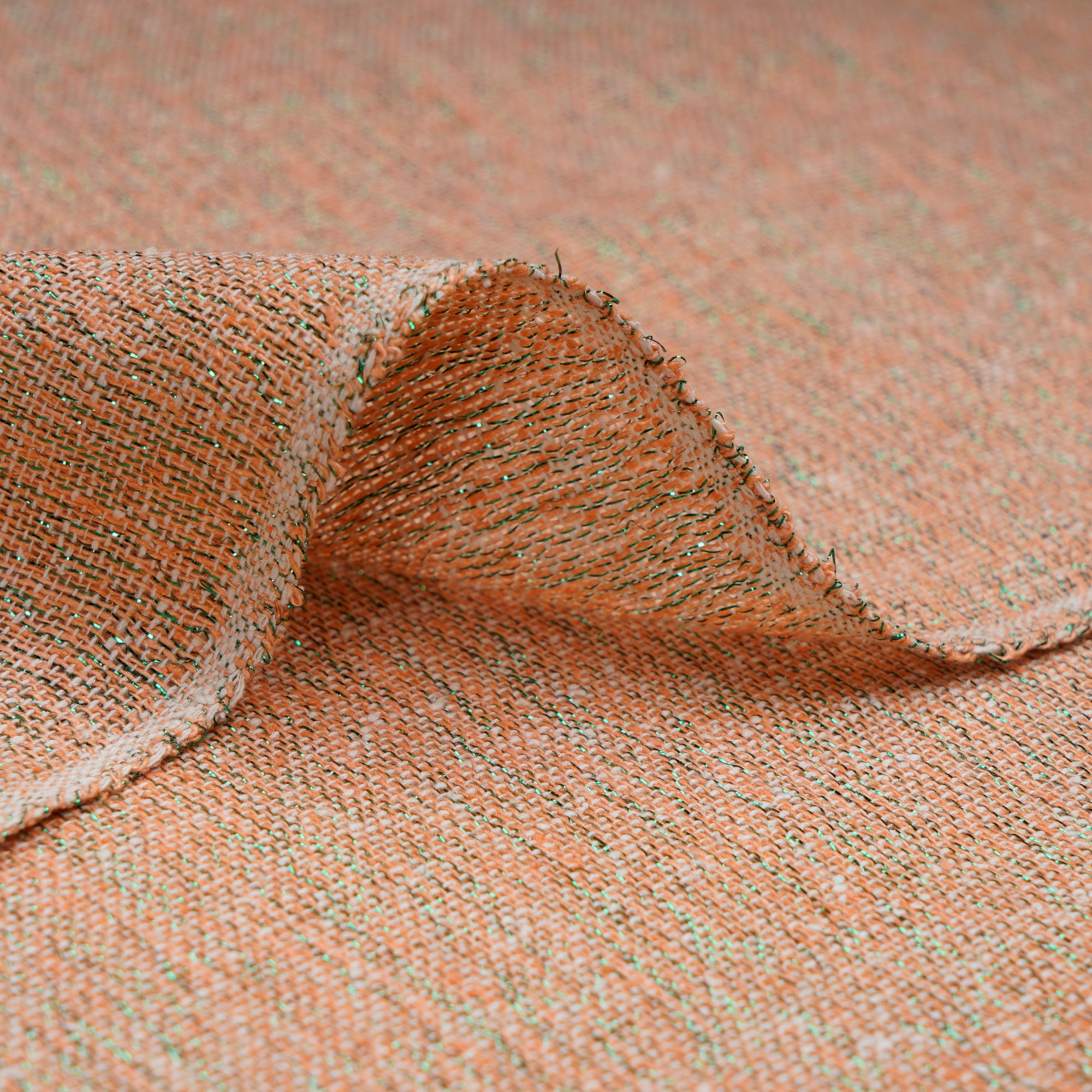 (Pre-Cut 2.40 Mtr)Peach Puff-Green Noile Silk Linen Fabric