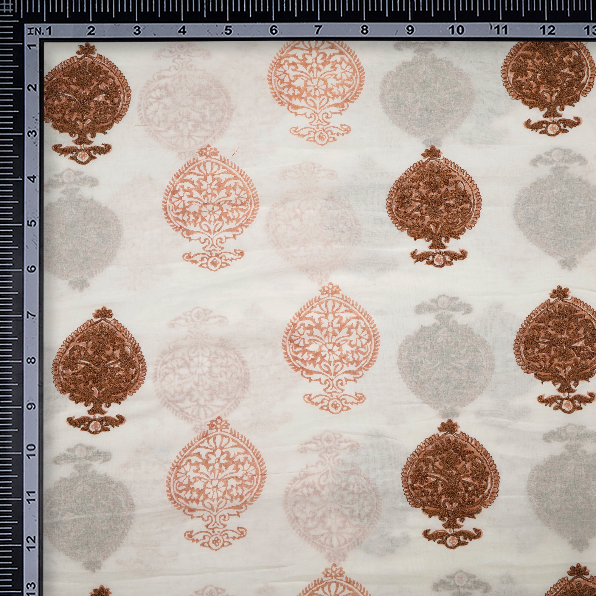 (Pre-Cut 3.35 Mtr)Off-White Color Embroidered Cotton Voile Fabric
