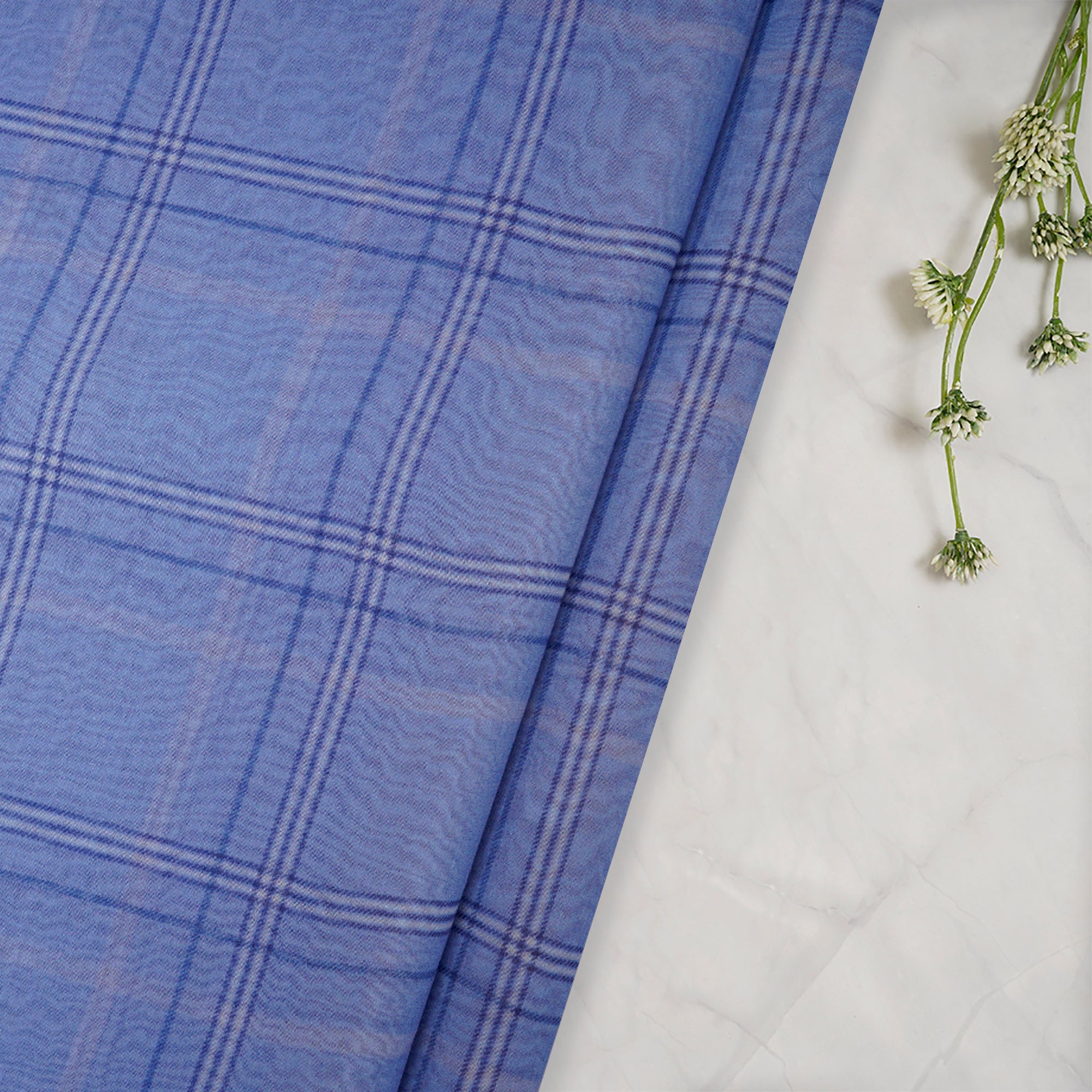 (Pre-Cut 2.00 Mtr)Light Blue Check Pattern Digital Print Chanderi Fbaric