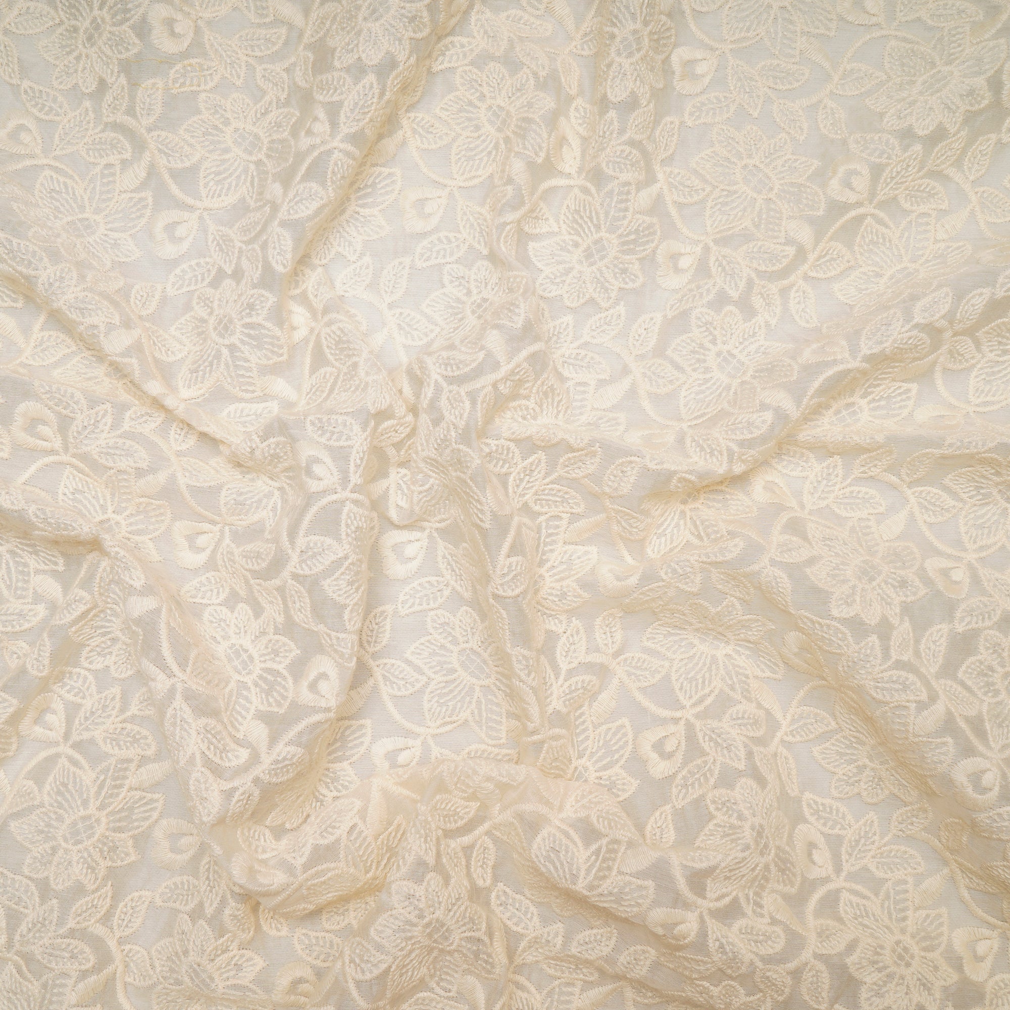 (Pre Cut 0.90 Mtr )White Floral Pattern Embroidered Fine Chanderi Fabric
