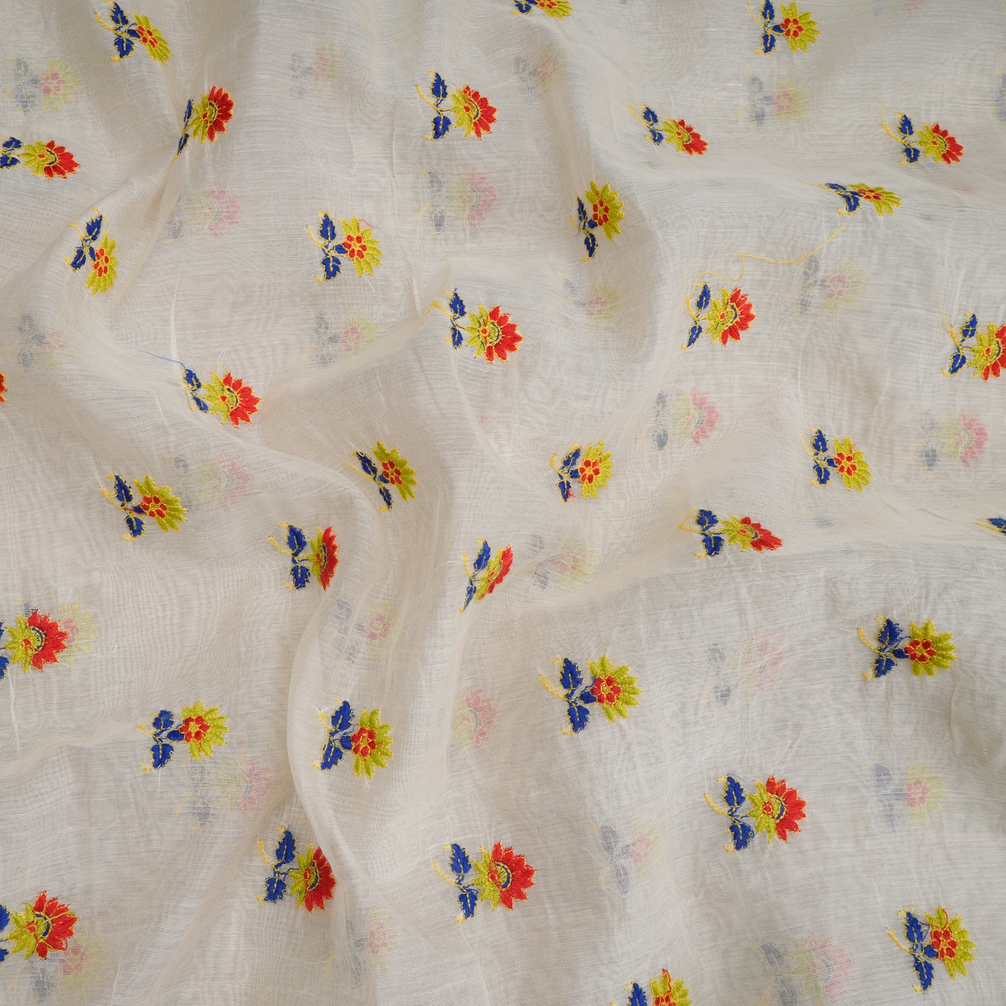 (Pre-Cut 2.70 Mtr) Off-White Dyeable Floral Motif Pattern Thread Embroidered Fine Chanderi Fabric