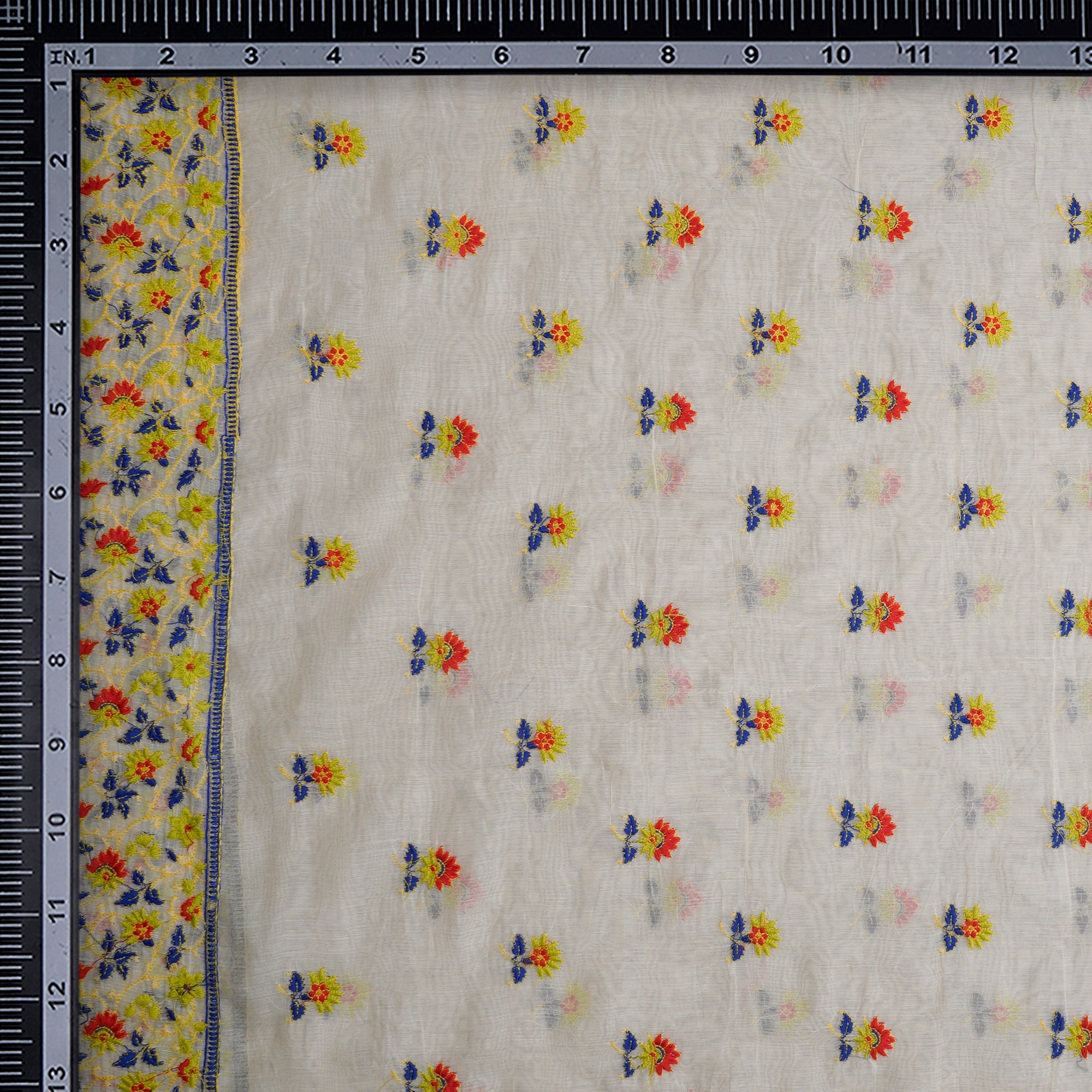 (Pre-Cut 2.70 Mtr) Off-White Dyeable Floral Motif Pattern Thread Embroidered Fine Chanderi Fabric