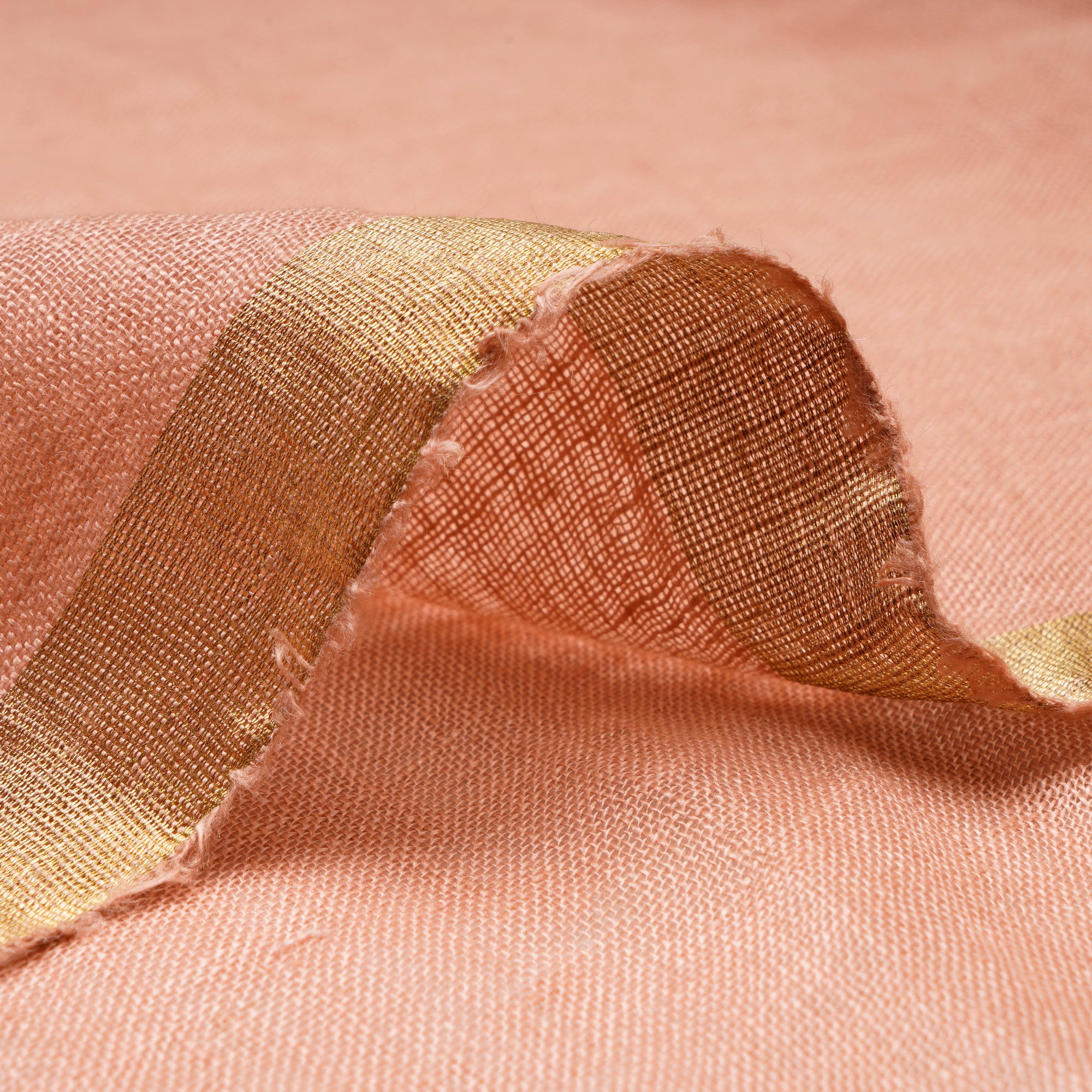 (Pre Cut 0.50 Mtr)Peachpuff Piece Dyed Gauge Linen Fabric with zari border