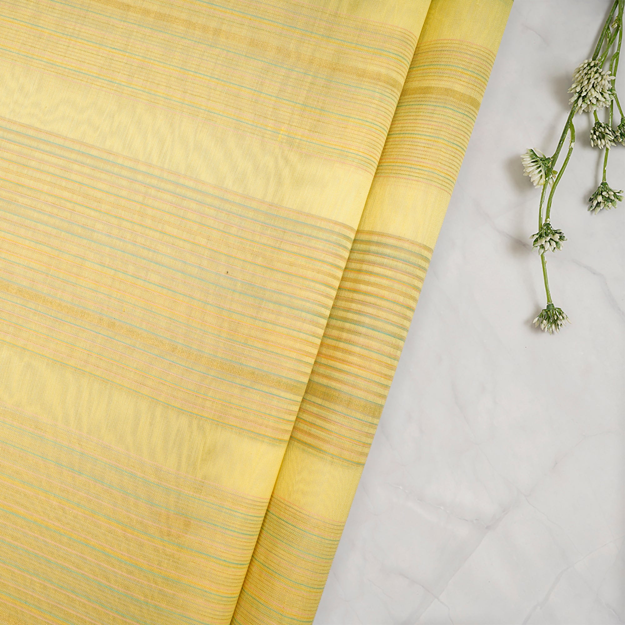 (Pre-Cut 1.85 Mtr)Yellow Color Handwoven Maheshwari Silk Fabric