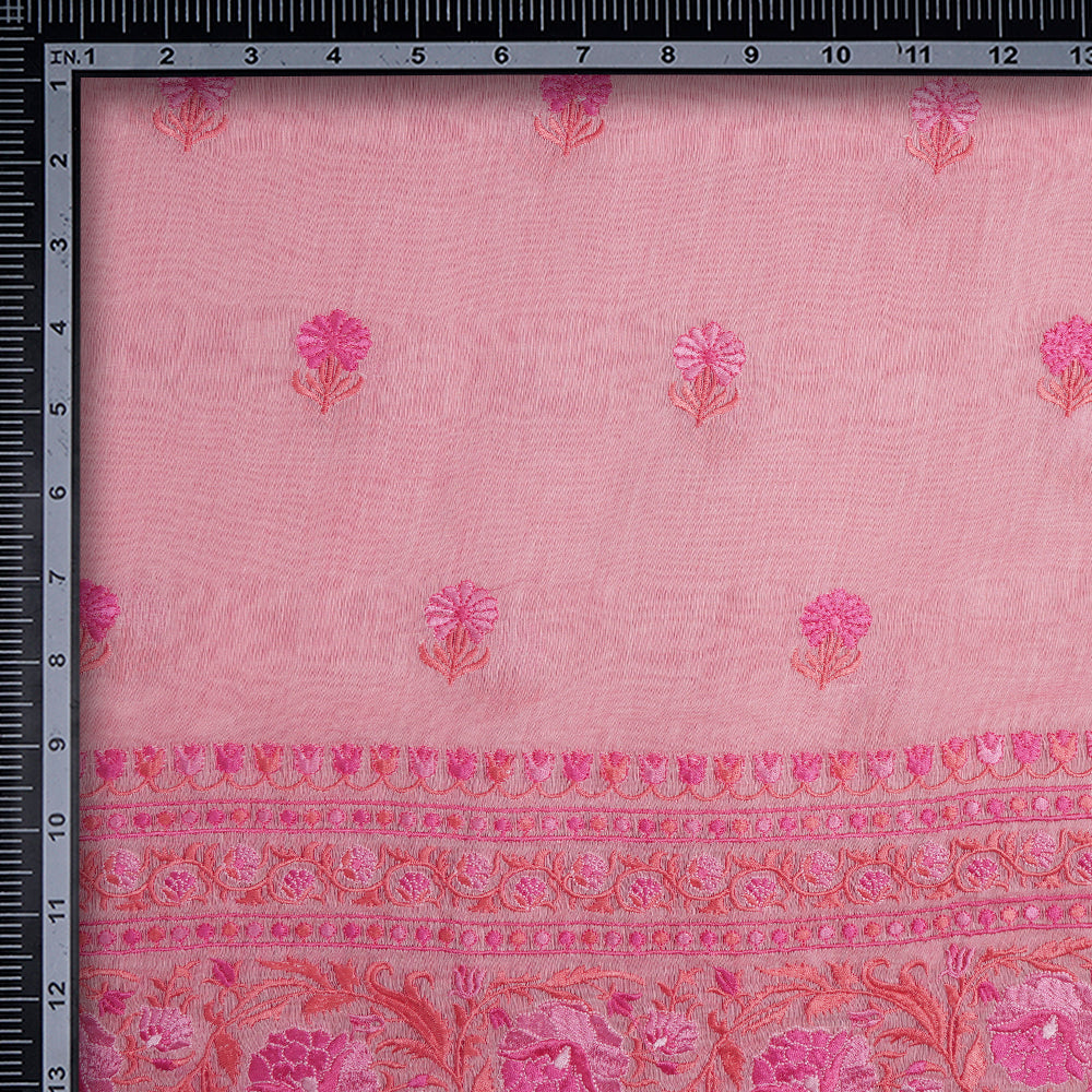 (Pre-Cut 2.40 Mtr) Peony Floral Motif Pattern Thread Embroidered Fine Chanderi Fabric