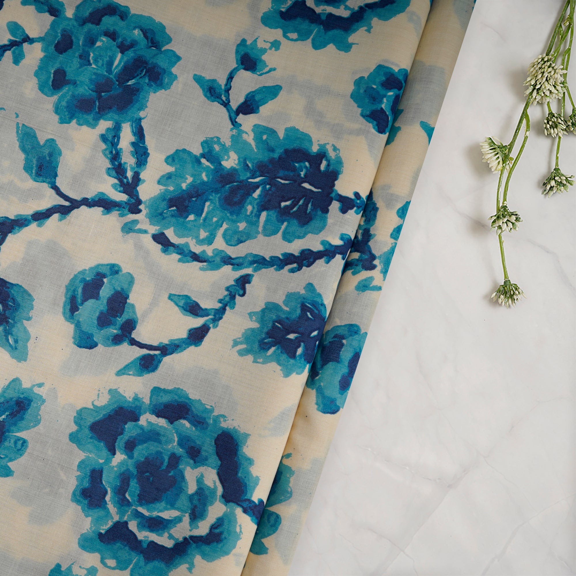 (Pre-Cut 1.00 Mtr)Cream-Blue Color Digital Printed Tussar Chanderi Fabric