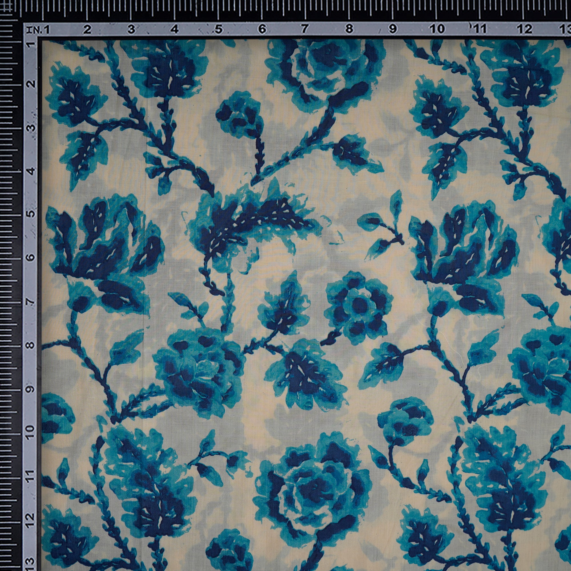 (Pre-Cut 1.00 Mtr)Cream-Blue Color Digital Printed Tussar Chanderi Fabric